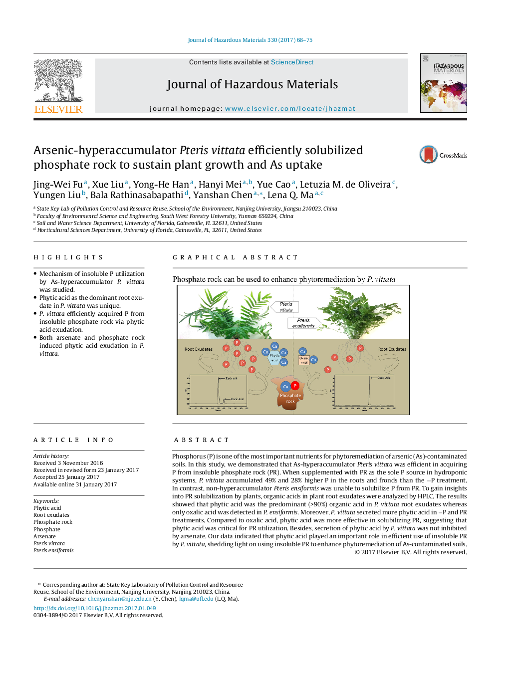 Arsenic-hyperaccumulator Pteris vittata efficiently solubilized phosphate rock to sustain plant growth and As uptake