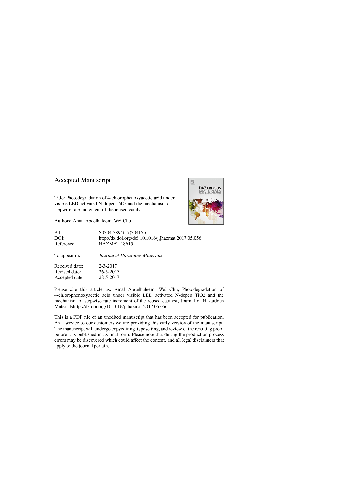 Photodegradation of 4-chlorophenoxyacetic acid under visible LED activated N-doped TiO2 and the mechanism of stepwise rate increment of the reused catalyst