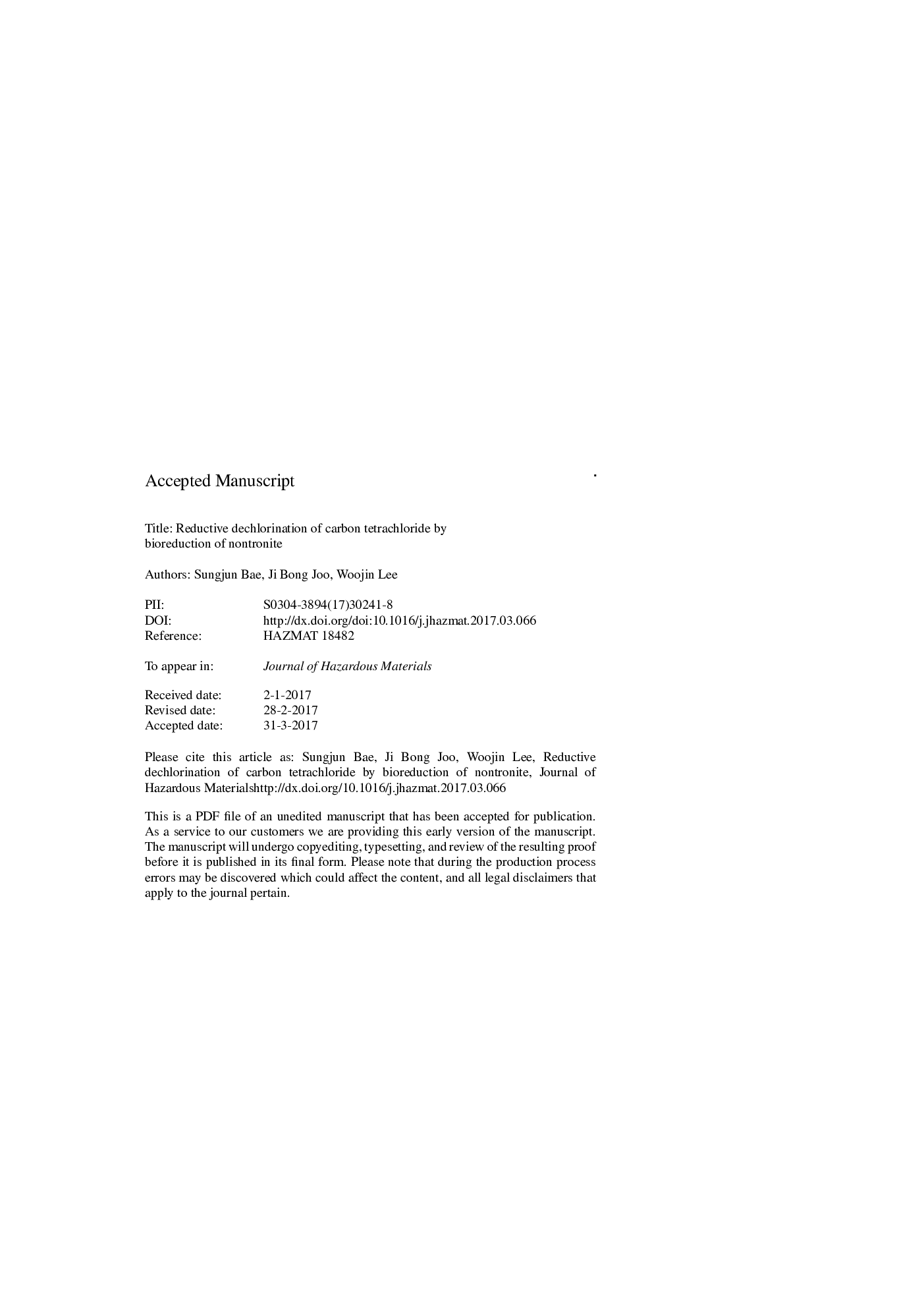 عکس صفحه اول مقاله: Reductive dechlorination of carbon tetrachloride by bioreduction of nontronite Reductive dechlorination of carbon tetrachloride by bioreduction of nontronite