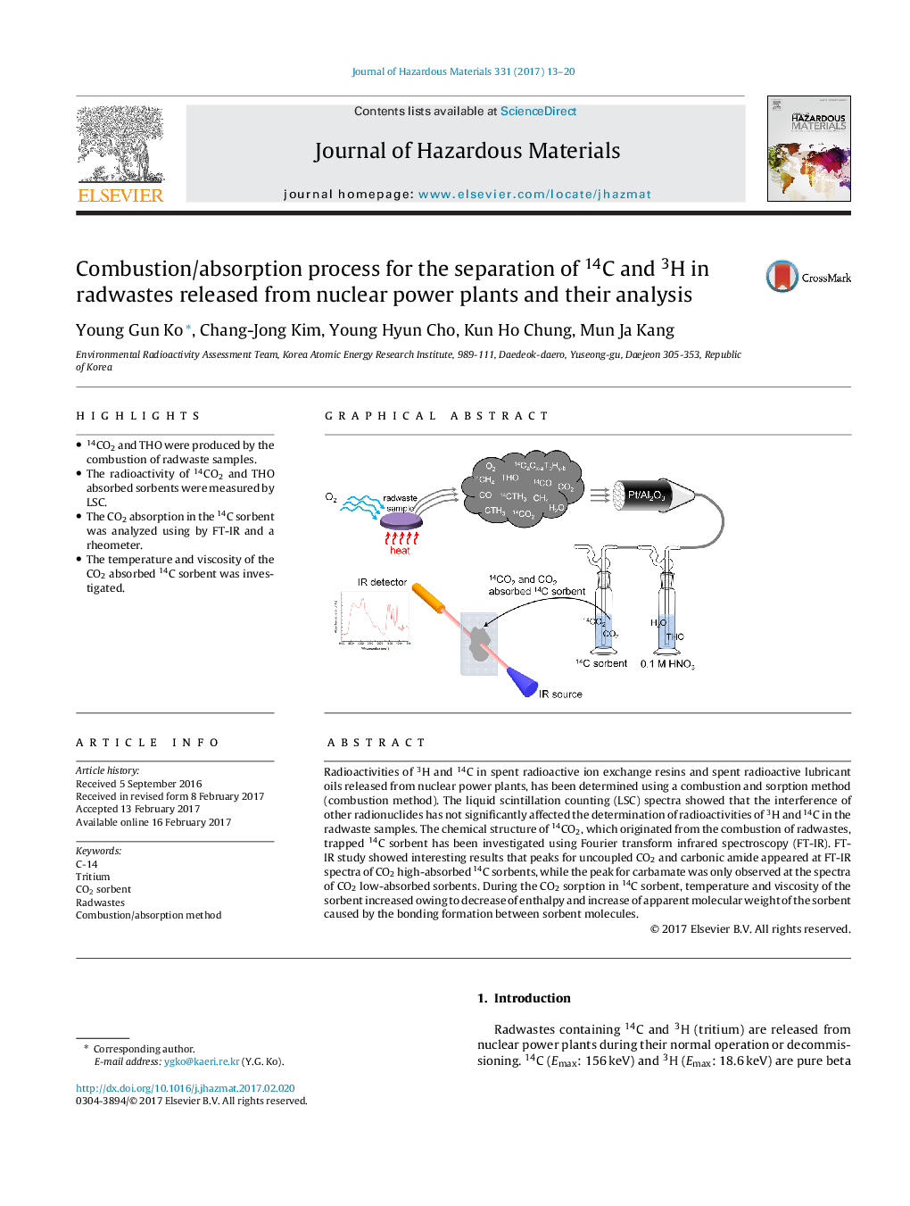 Combustion/absorption process for the separation of 14C and 3H in radwastes released from nuclear power plants and their analysis