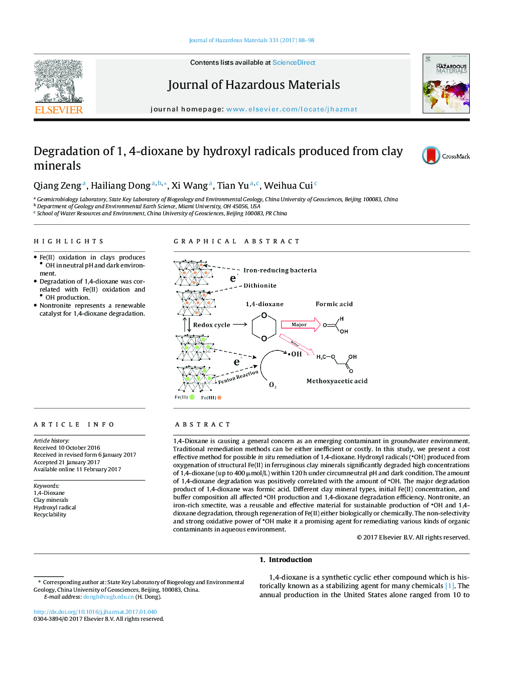 Degradation of 1, 4-dioxane by hydroxyl radicals produced from clay minerals