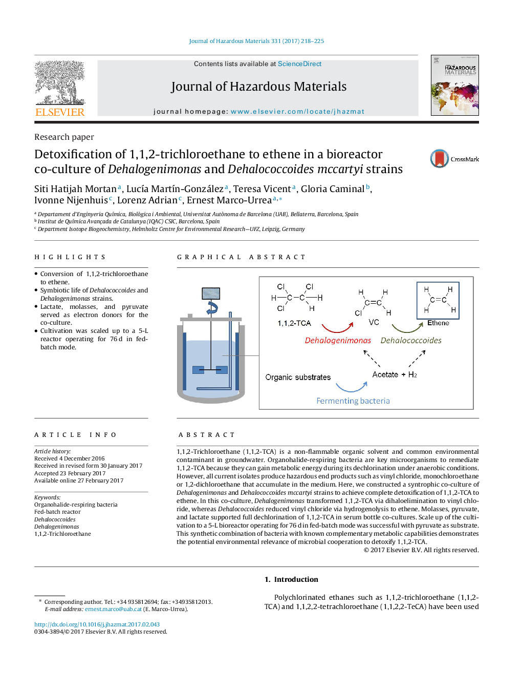 Detoxification of 1,1,2-trichloroethane to ethene in a bioreactor co-culture of Dehalogenimonas and Dehalococcoides mccartyi strains