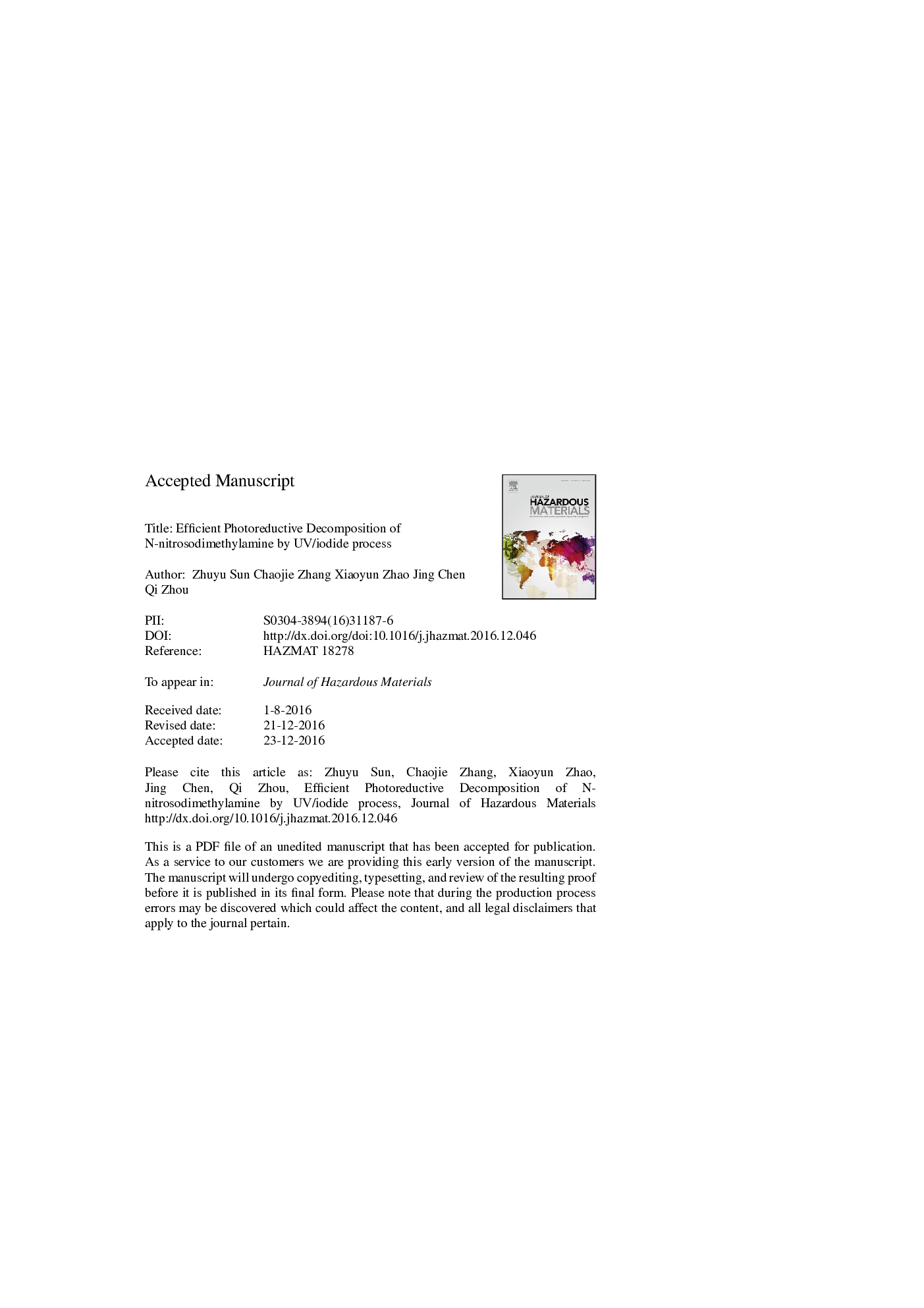 Efficient photoreductive decomposition of N-nitrosodimethylamine by UV/iodide process