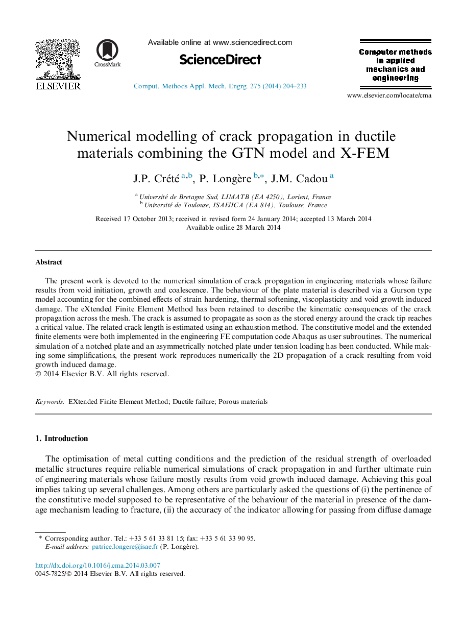 Numerical modelling of crack propagation in ductile materials combining the GTN model and X-FEM