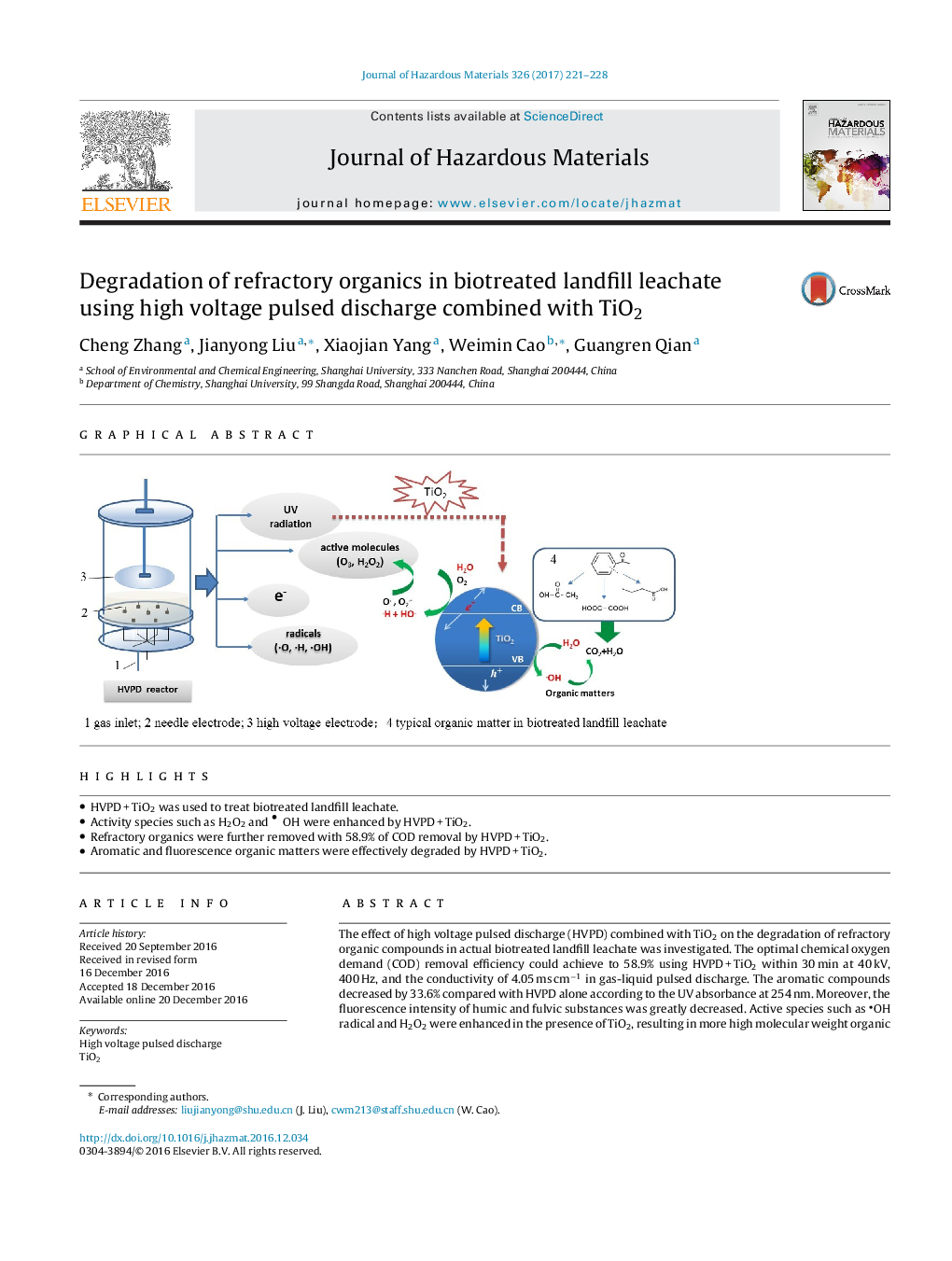 Degradation of refractory organics in biotreated landfill leachate using high voltage pulsed discharge combined with TiO2