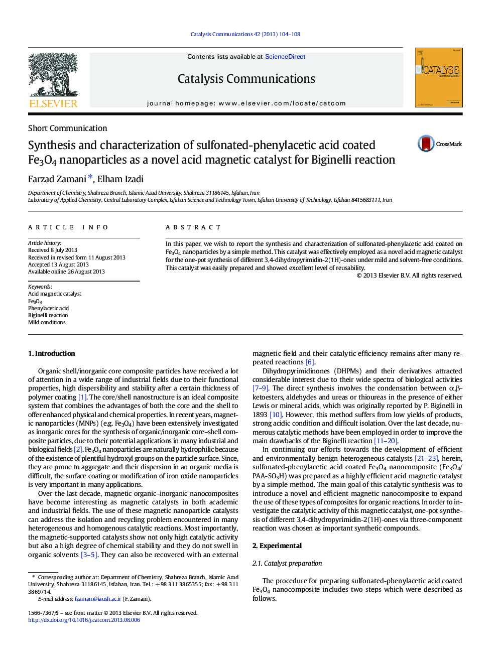 Synthesis and characterization of sulfonated-phenylacetic acid coated Fe3O4 nanoparticles as a novel acid magnetic catalyst for Biginelli reaction