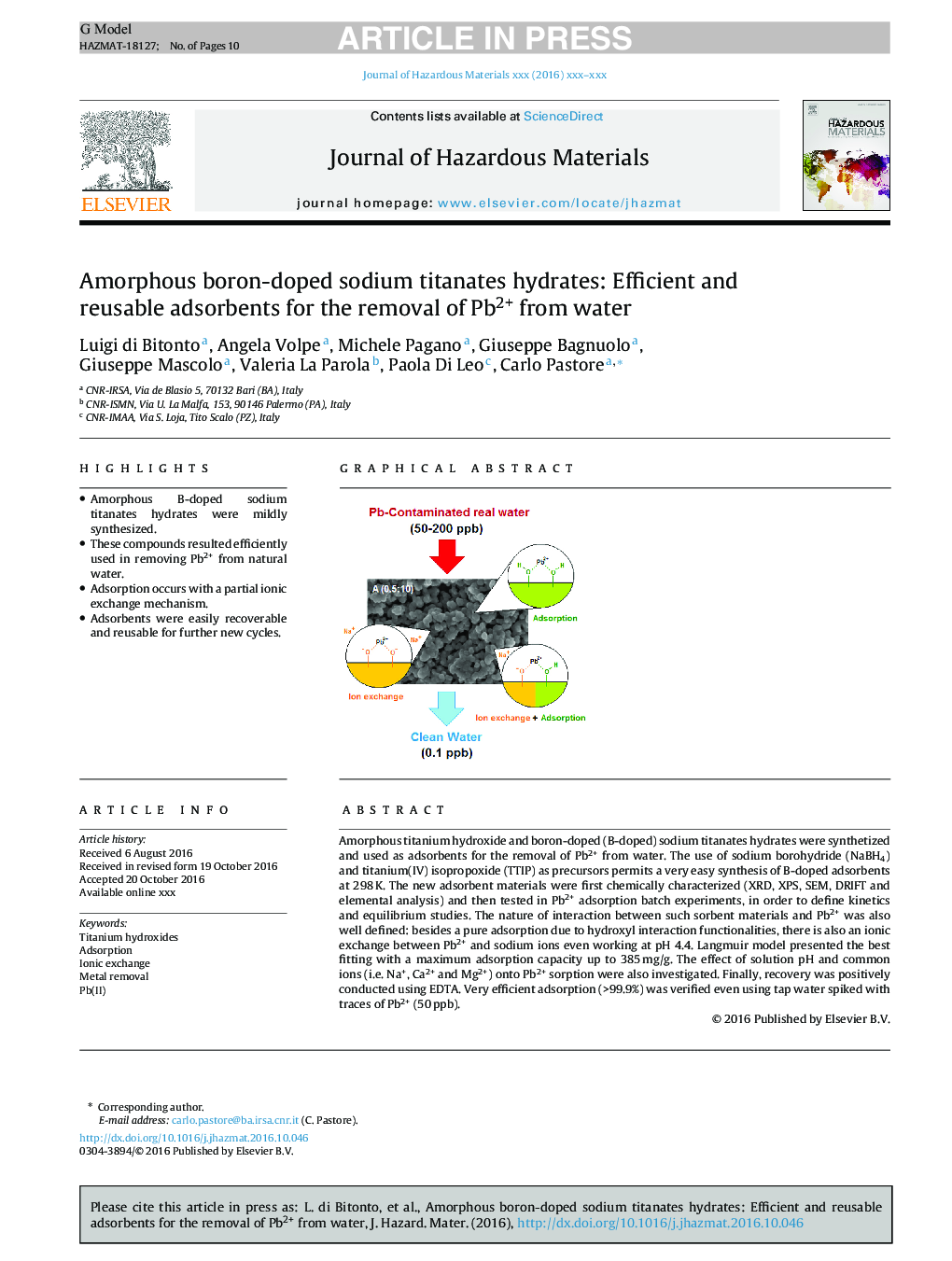 عکس صفحه اول مقاله: Amorphous boron-doped sodium titanates hydrates: Efficient and reusable adsorbents for the removal of Pb2+ from water Amorphous boron-doped sodium titanates hydrates: Efficient and reusable adsorbents for the removal of Pb2+ from water