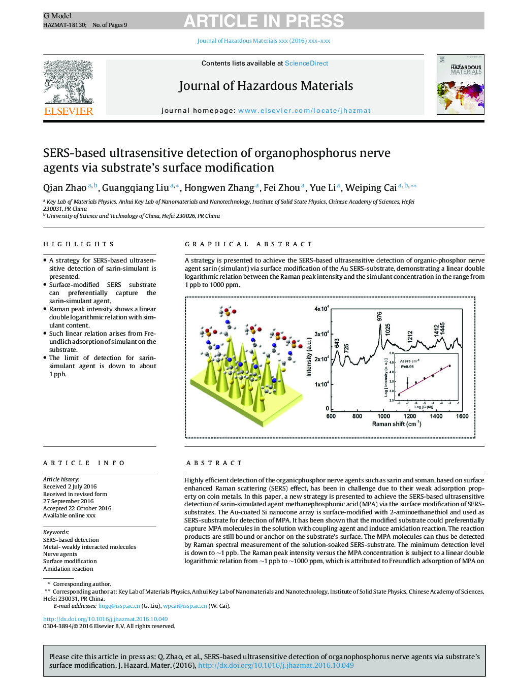 SERS-based ultrasensitive detection of organophosphorus nerve agents via substrate's surface modification