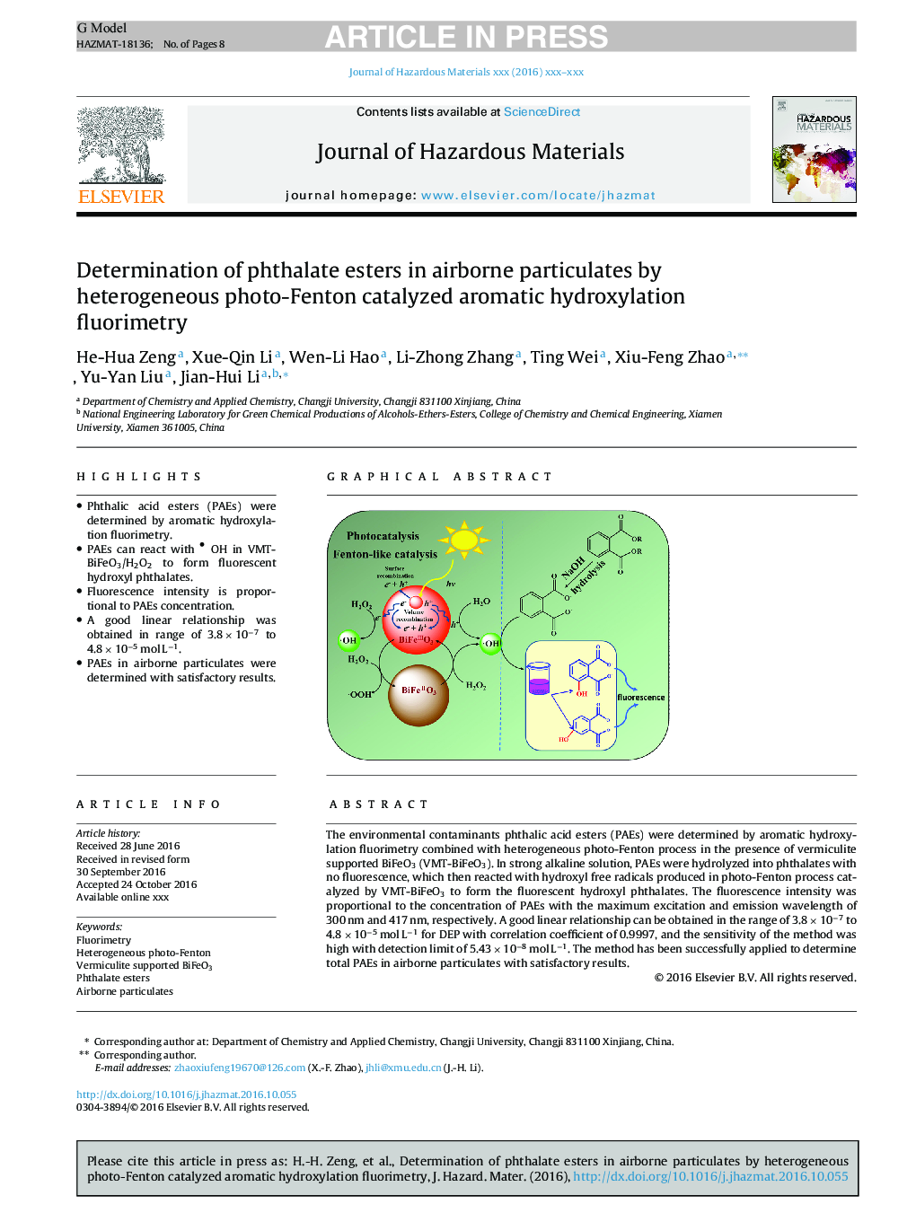 Determination of phthalate esters in airborne particulates by heterogeneous photo-Fenton catalyzed aromatic hydroxylation fluorimetry