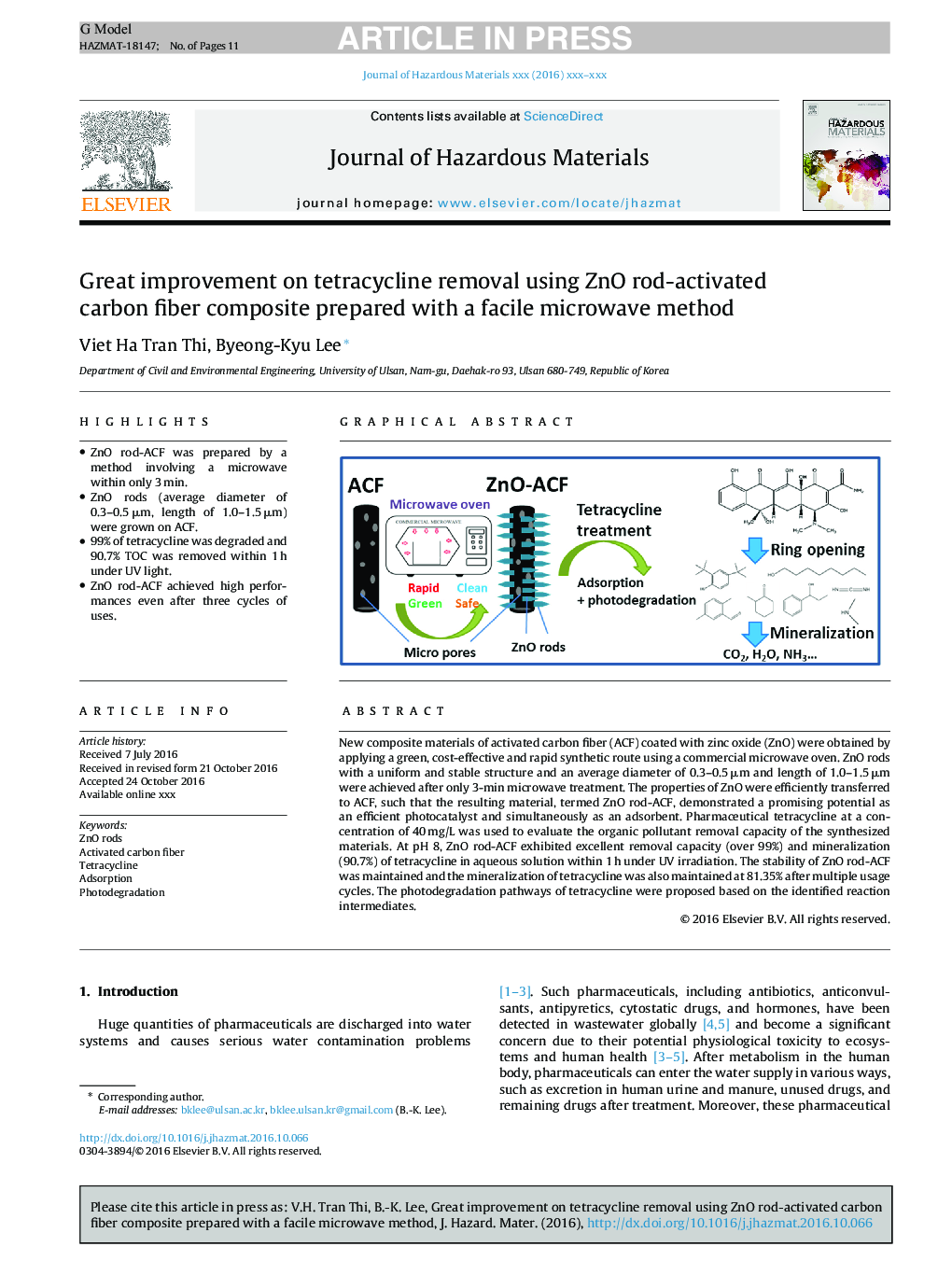 عکس صفحه اول مقاله: Great improvement on tetracycline removal using ZnO rod-activated carbon fiber composite prepared with a facile microwave method Great improvement on tetracycline removal using ZnO rod-activated carbon fiber composite prepared with a facile microwave method