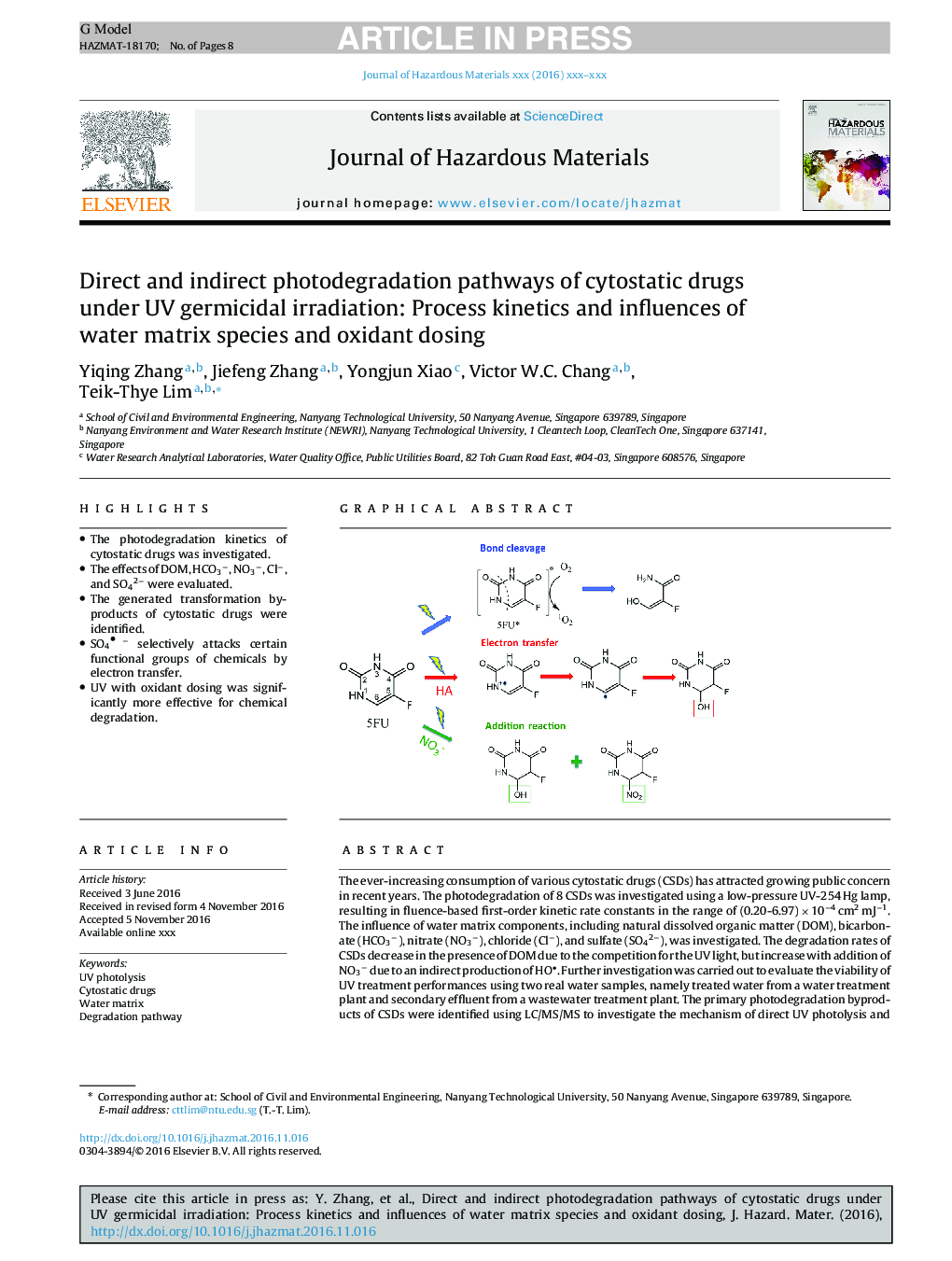 عکس صفحه اول مقاله: Direct and indirect photodegradation pathways of cytostatic drugs under UV germicidal irradiation: Process kinetics and influences of water matrix species and oxidant dosing Direct and indirect photodegradation pathways of cytostatic drugs under UV germicidal irradiation: Process kinetics and influences of water matrix species and oxidant dosing