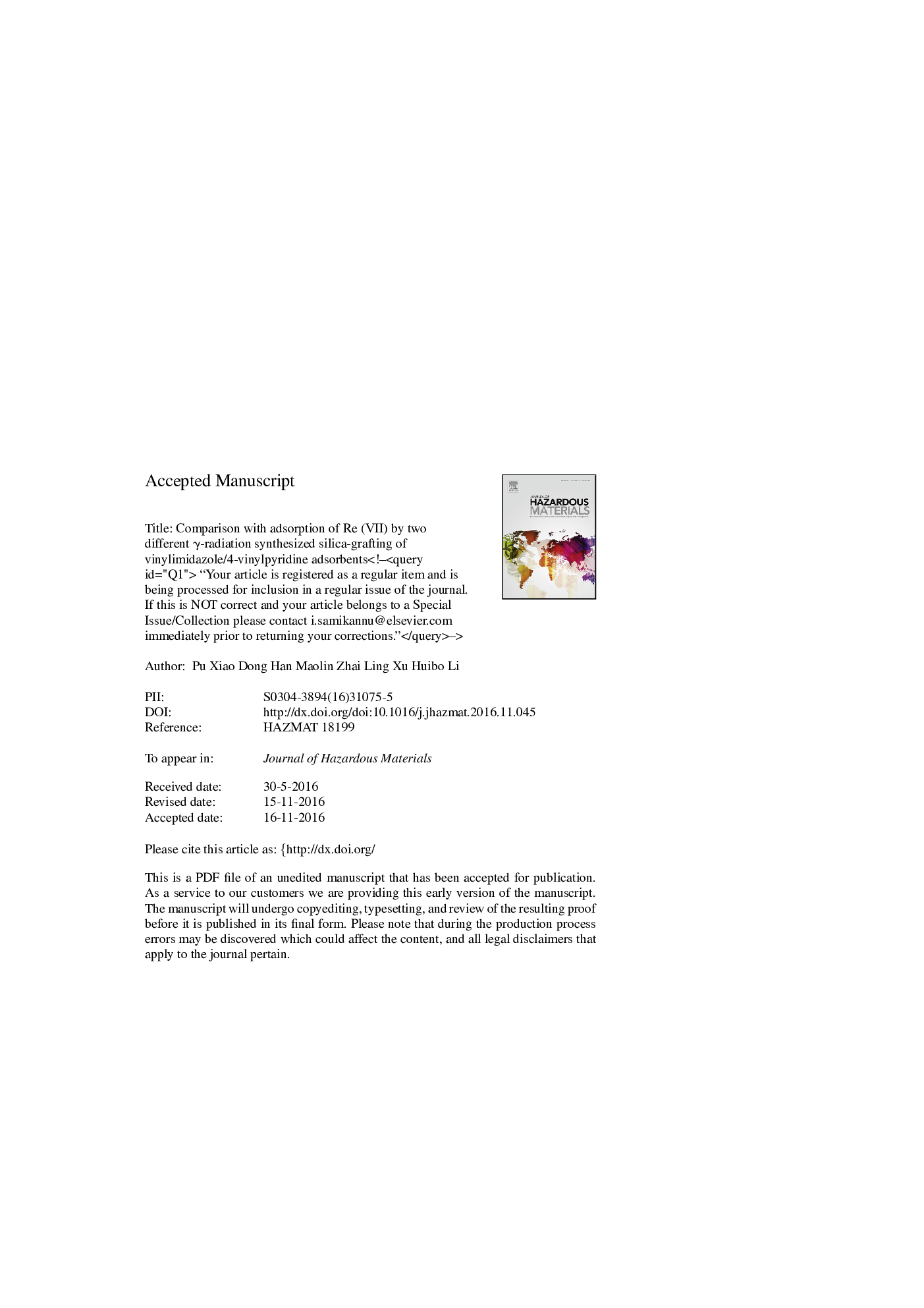 عکس صفحه اول مقاله: Comparison with adsorption of Re (VII) by two different γ-radiation synthesized silica-grafting of vinylimidazole/4-vinylpyridine adsorbents Comparison with adsorption of Re (VII) by two different γ-radiation synthesized silica-grafting of vinylimidazole/4-vinylpyridine adsorbents