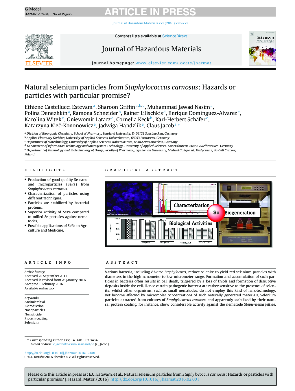 Natural selenium particles from Staphylococcus carnosus: Hazards or particles with particular promise?