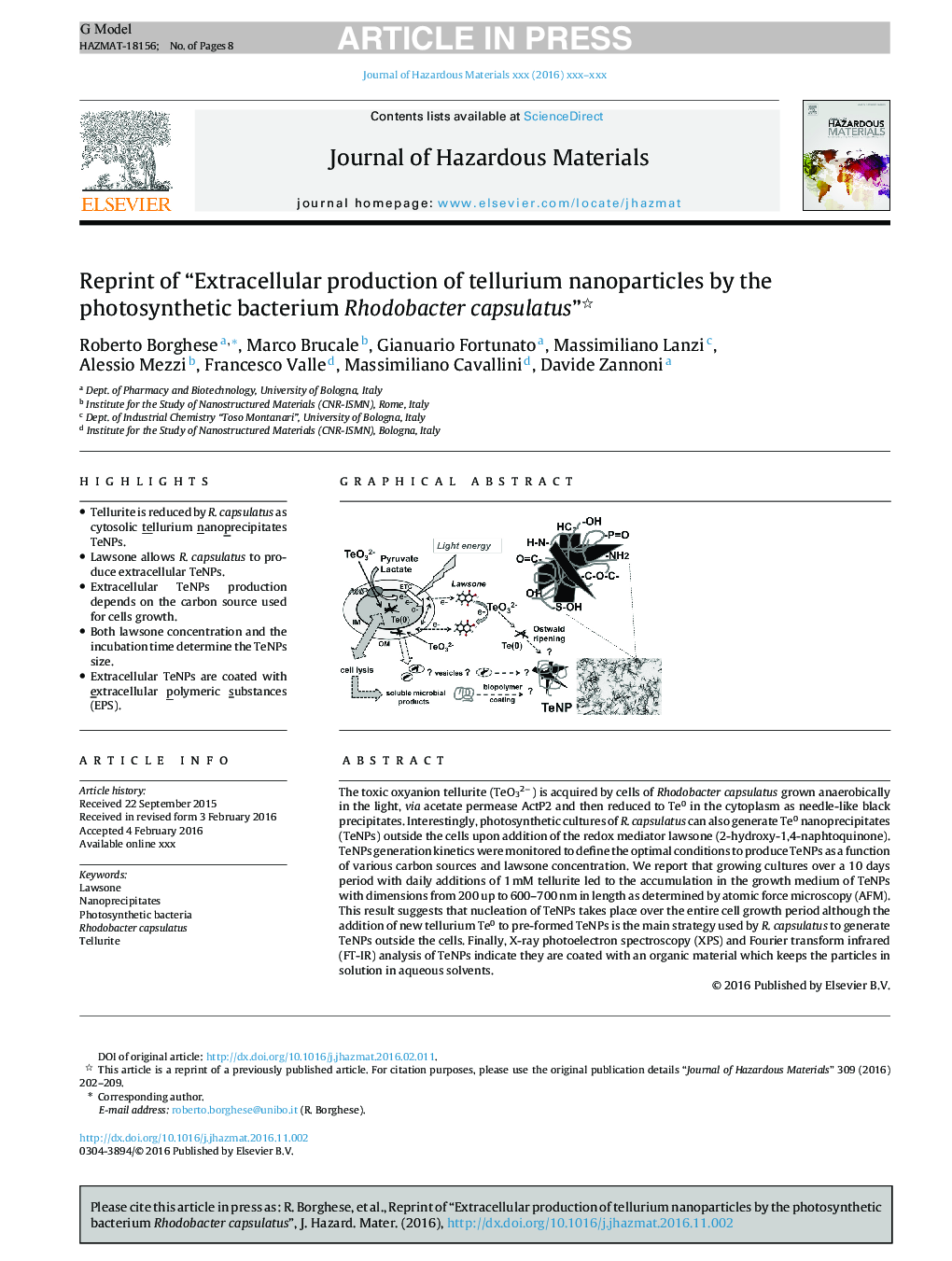 Reprint of “Extracellular production of tellurium nanoparticles by the photosynthetic bacterium Rhodobacter capsulatus”