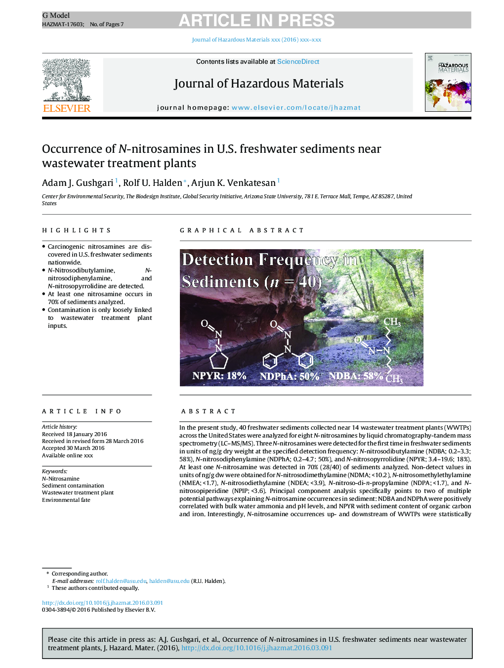 Occurrence of N-nitrosamines in U.S. freshwater sediments near wastewater treatment plants