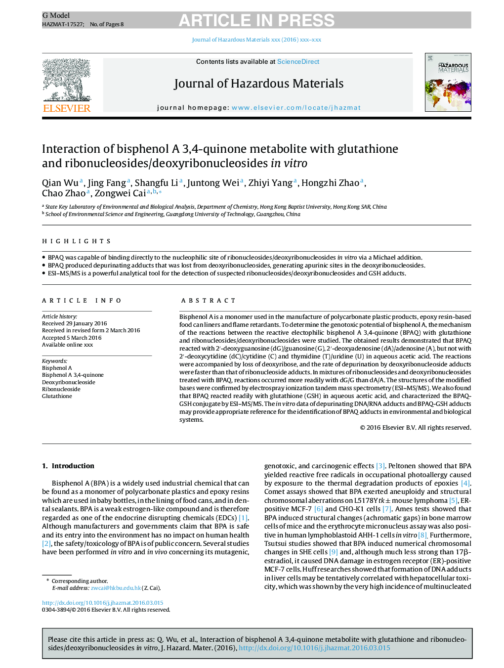 Interaction of bisphenol A 3,4-quinone metabolite with glutathione and ribonucleosides/deoxyribonucleosides in vitro