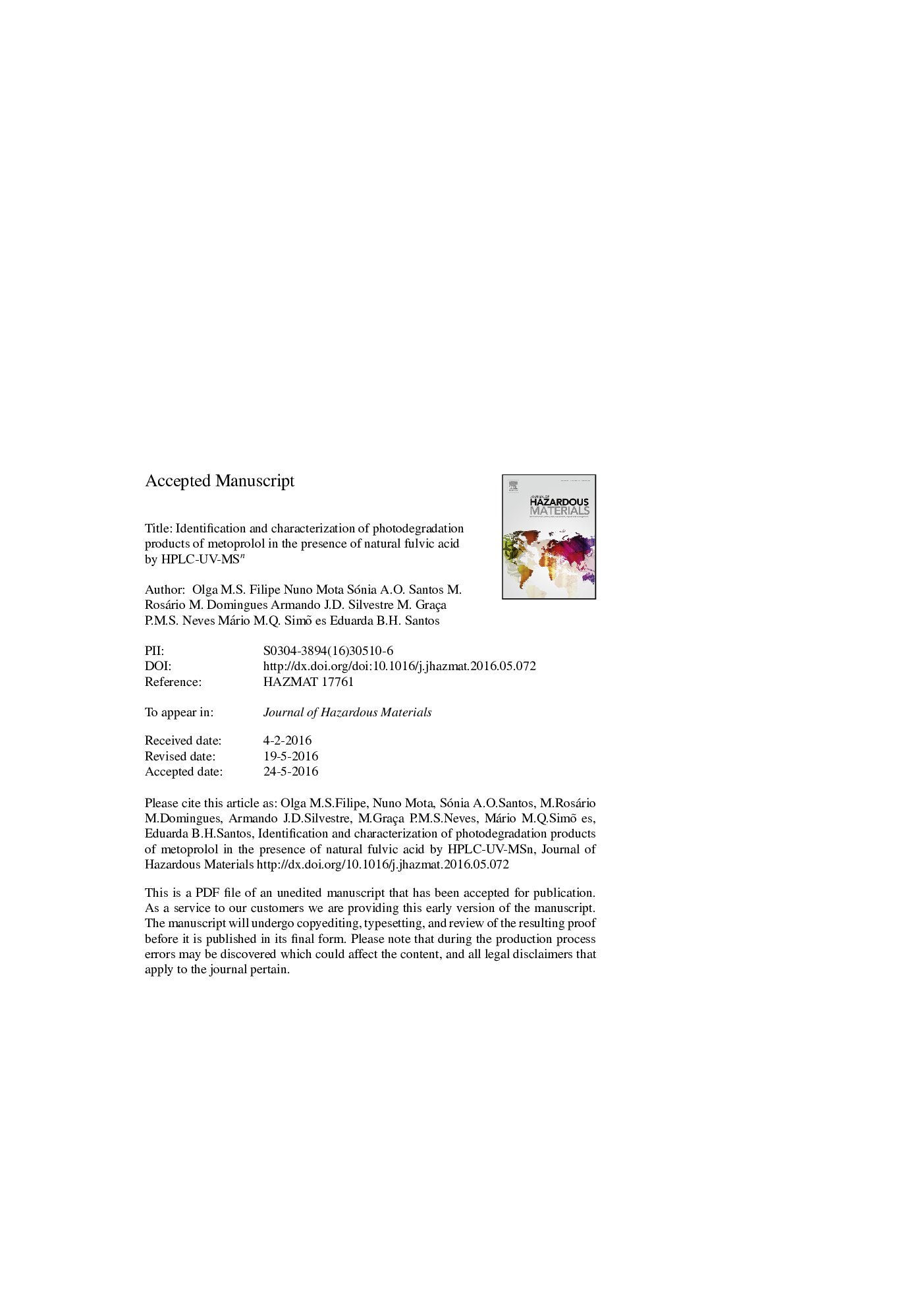 Identification and characterization of photodegradation products of metoprolol in the presence of natural fulvic acid by HPLC-UV-MSn