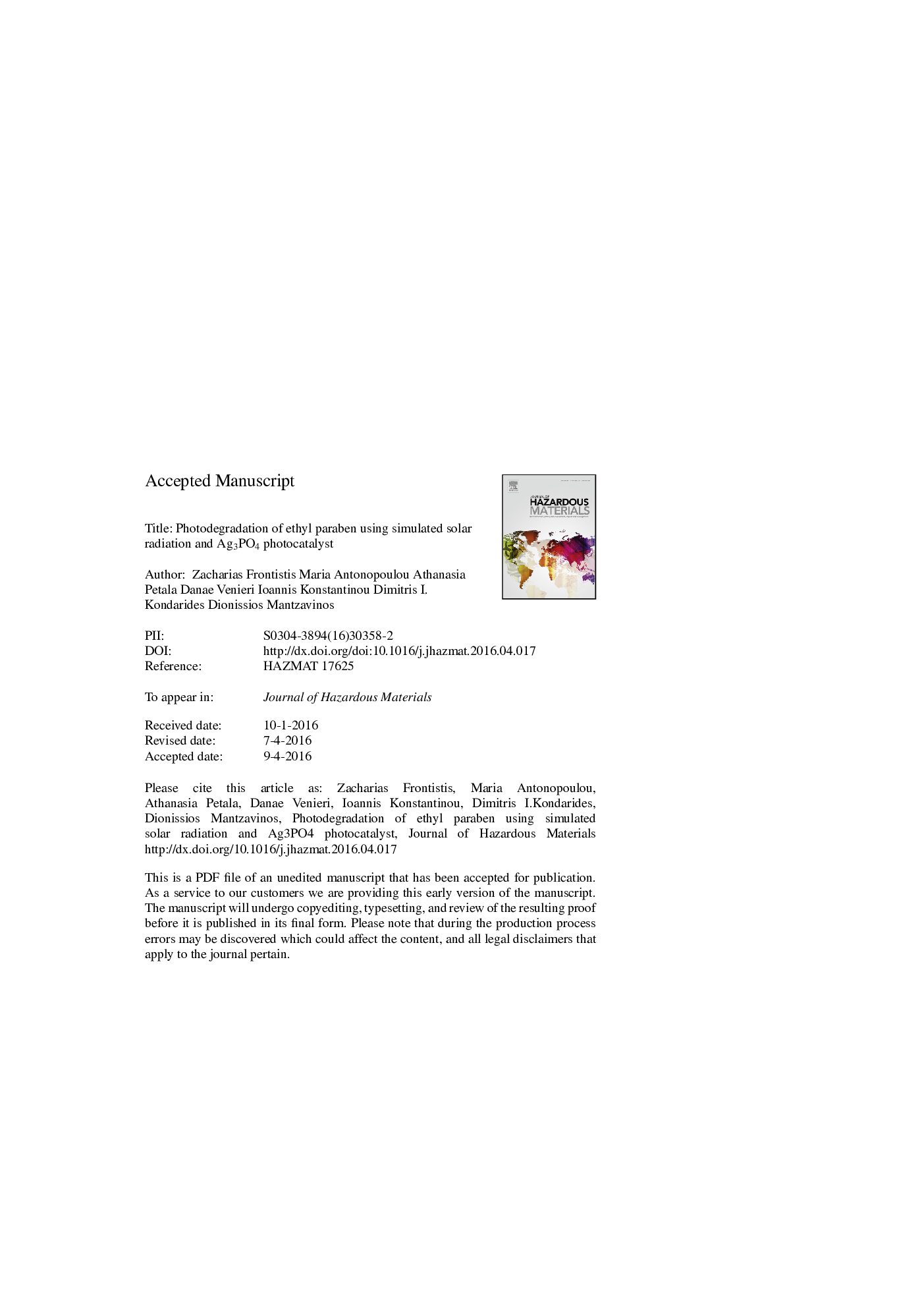 Photodegradation of ethyl paraben using simulated solar radiation and Ag3PO4 photocatalyst