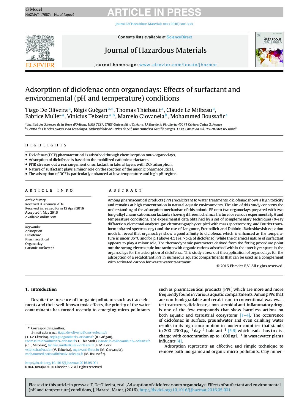 Adsorption of diclofenac onto organoclays: Effects of surfactant and environmental (pH and temperature) conditions