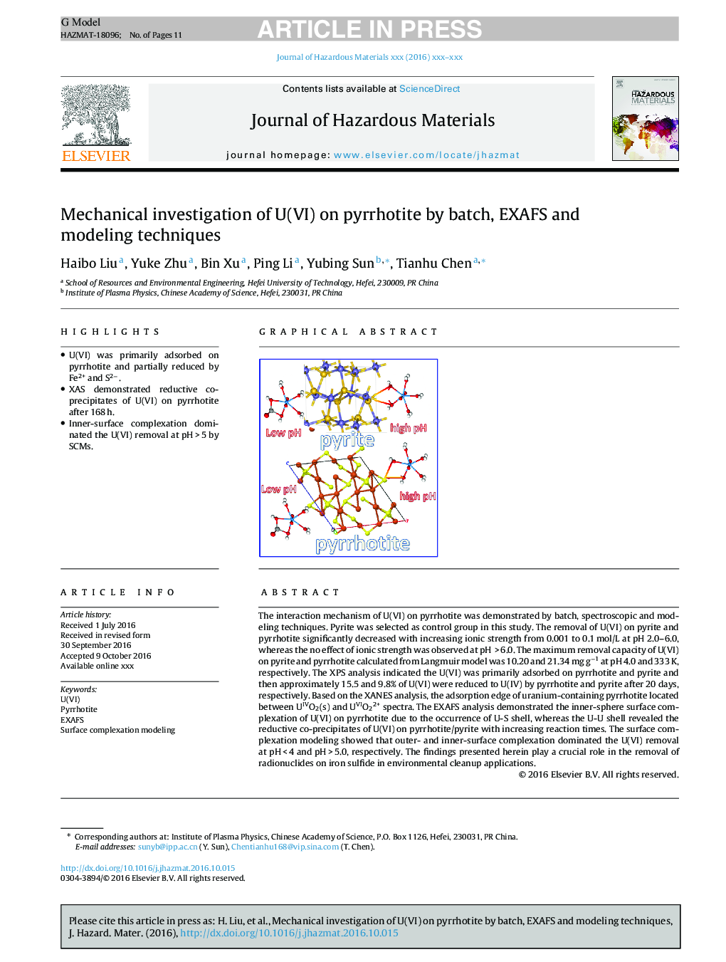 Mechanical investigation of U(VI) on pyrrhotite by batch, EXAFS and modeling techniques