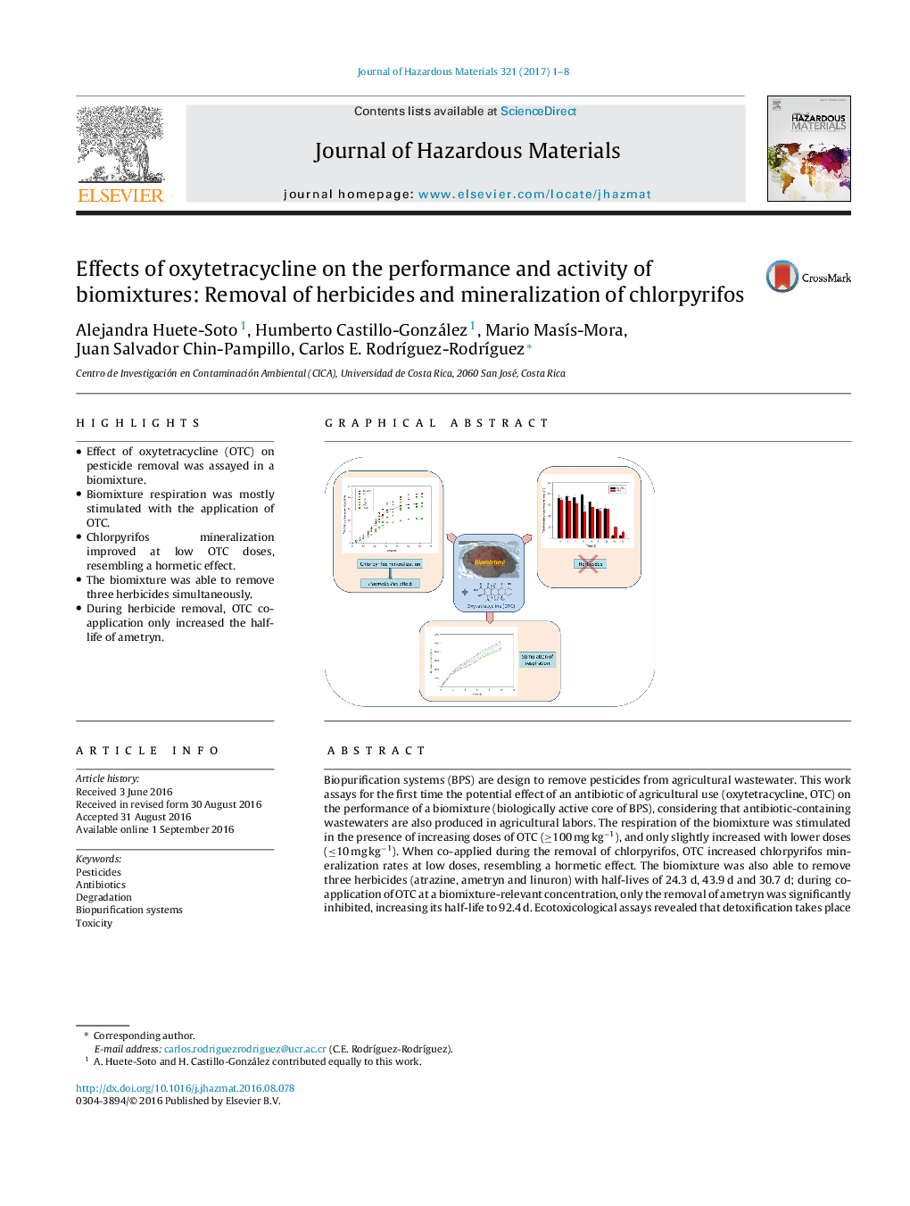 اثرات اکسید تتراسایکلین بر عملکرد و فعالیت زیستی: حذف علف کش ها و کانی سازی کلرپریفیس 