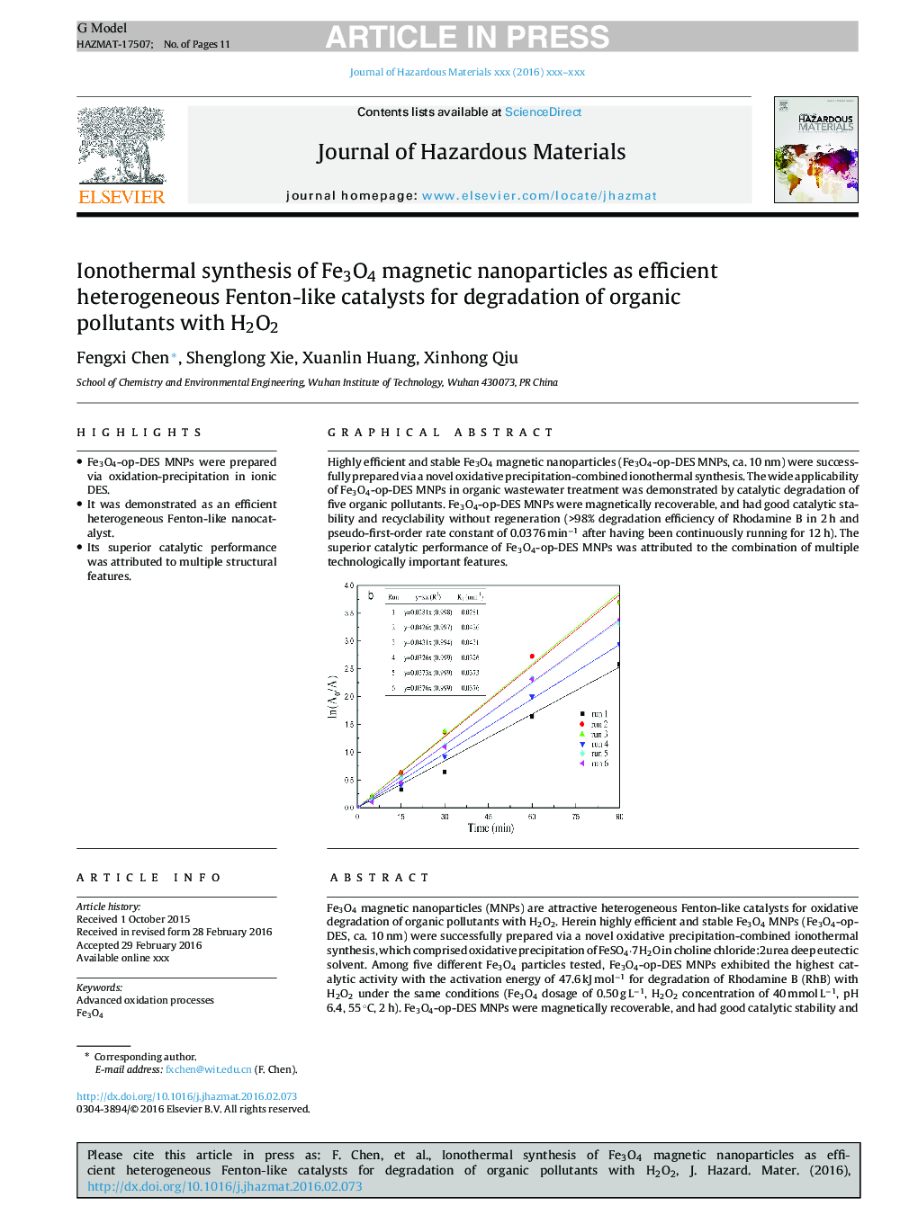 Ionothermal synthesis of Fe3O4 magnetic nanoparticles as efficient heterogeneous Fenton-like catalysts for degradation of organic pollutants with H2O2