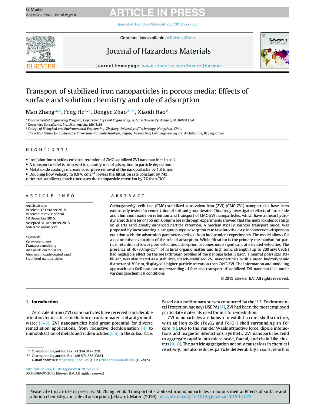 Transport of stabilized iron nanoparticles in porous media: Effects of surface and solution chemistry and role of adsorption