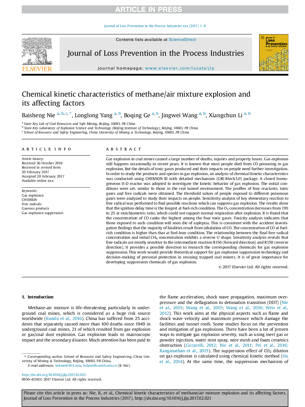 Chemical kinetic characteristics of methane/air mixture explosion and its affecting factors