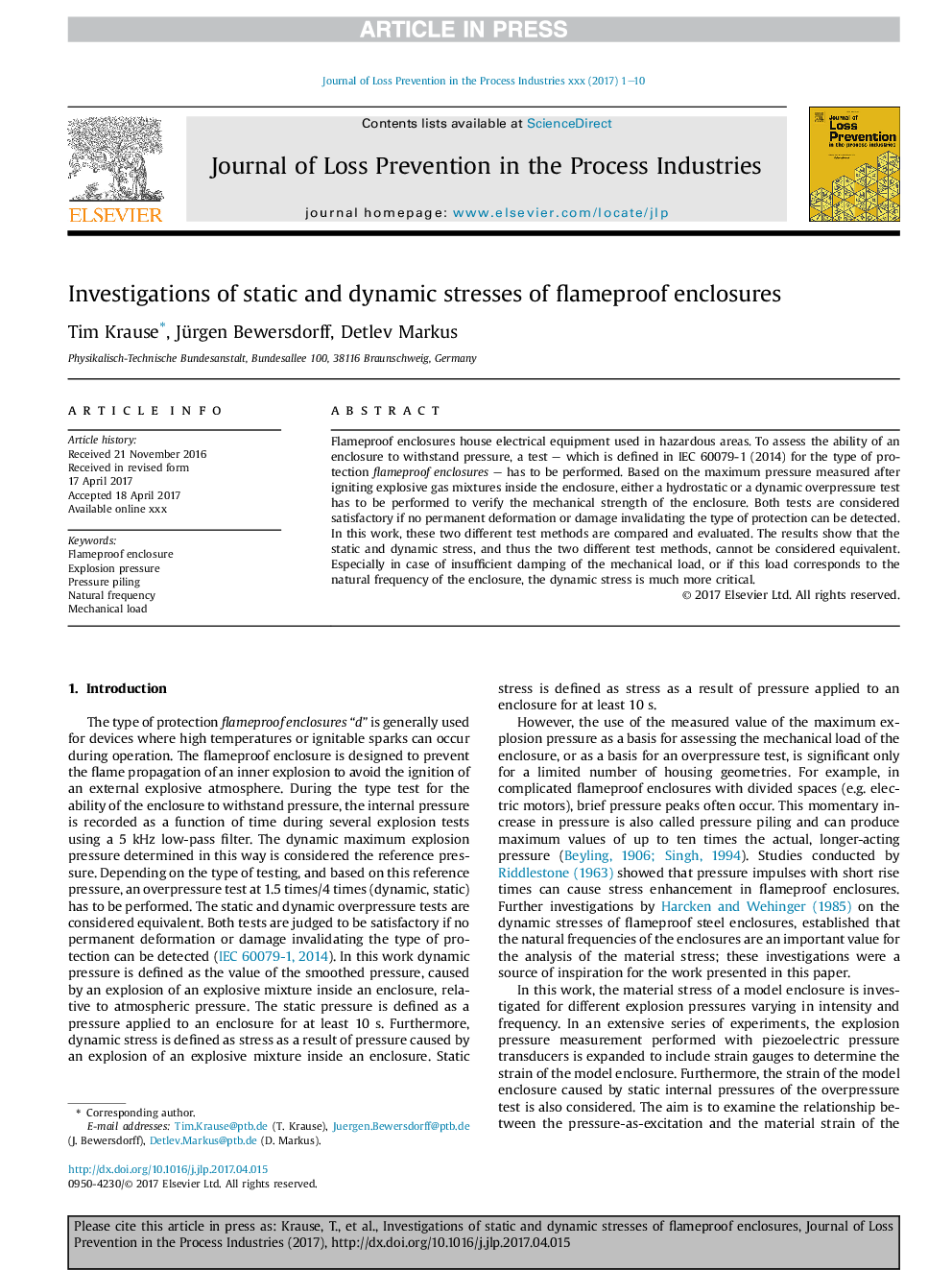 Investigations of static and dynamic stresses of flameproof enclosures