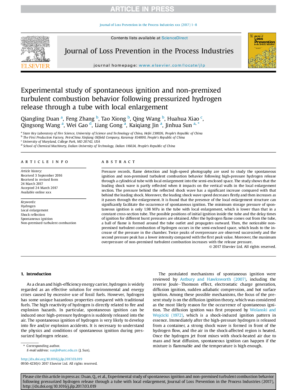 Experimental study of spontaneous ignition and non-premixed turbulent combustion behavior following pressurized hydrogen release through a tube with local enlargement