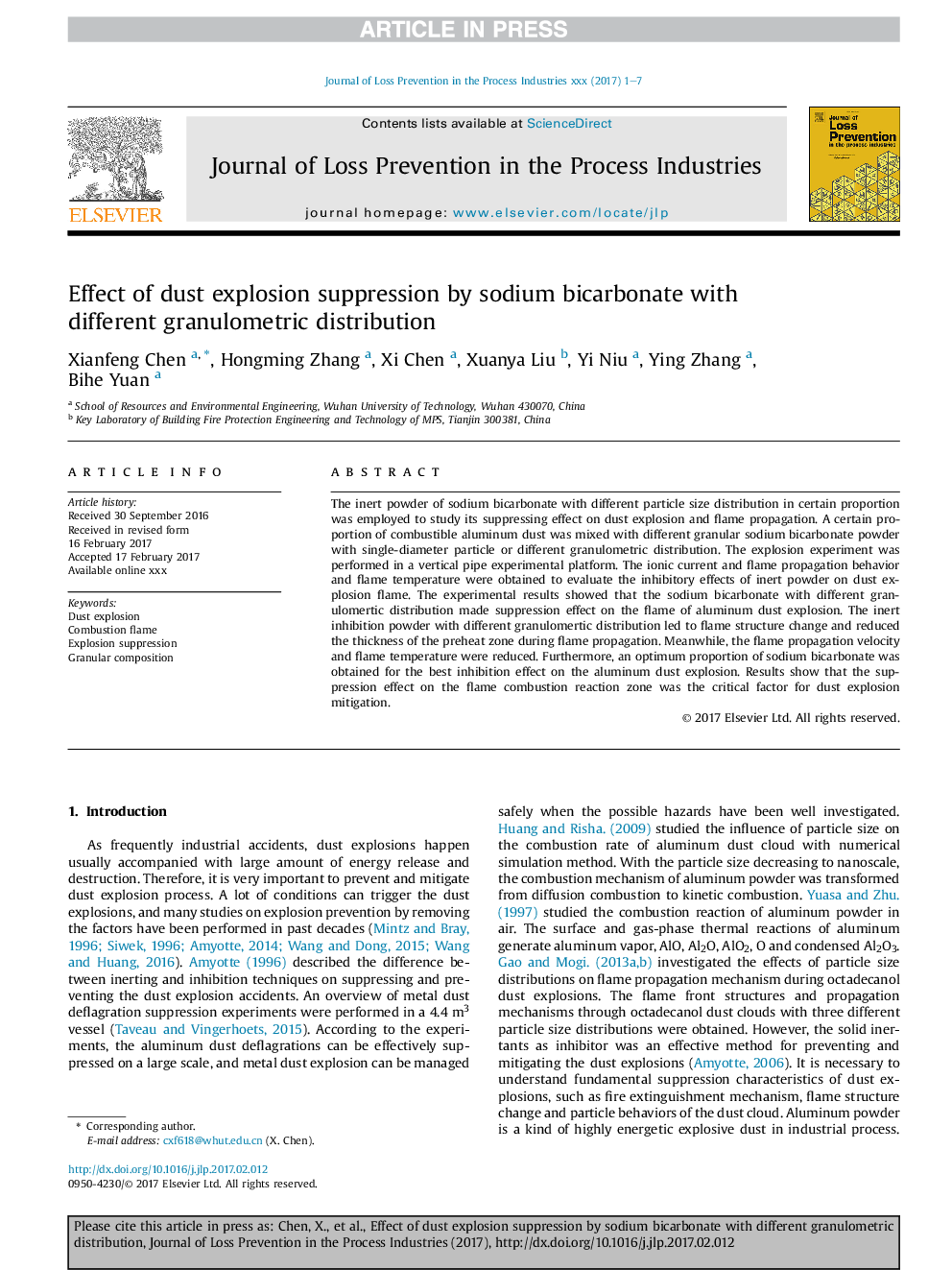 Effect of dust explosion suppression by sodium bicarbonate with different granulometric distribution