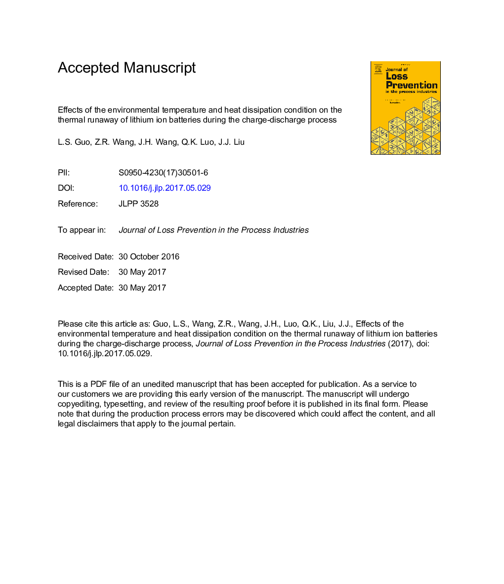 Effects of the environmental temperature and heat dissipation condition on the thermal runaway of lithium ion batteries during the charge-discharge process