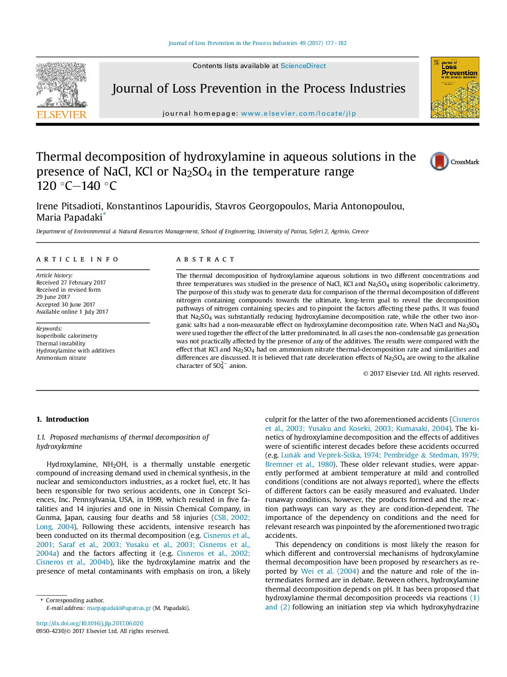 عکس صفحه اول مقاله: Thermal decomposition of hydroxylamine in aqueous solutions in the presence of NaCl, KCl or Na2SO4 in the temperature range 120 °C-140 °C Thermal decomposition of hydroxylamine in aqueous solutions in the presence of NaCl, KCl or Na2SO4 in the temperature range 120 °C-140 °C