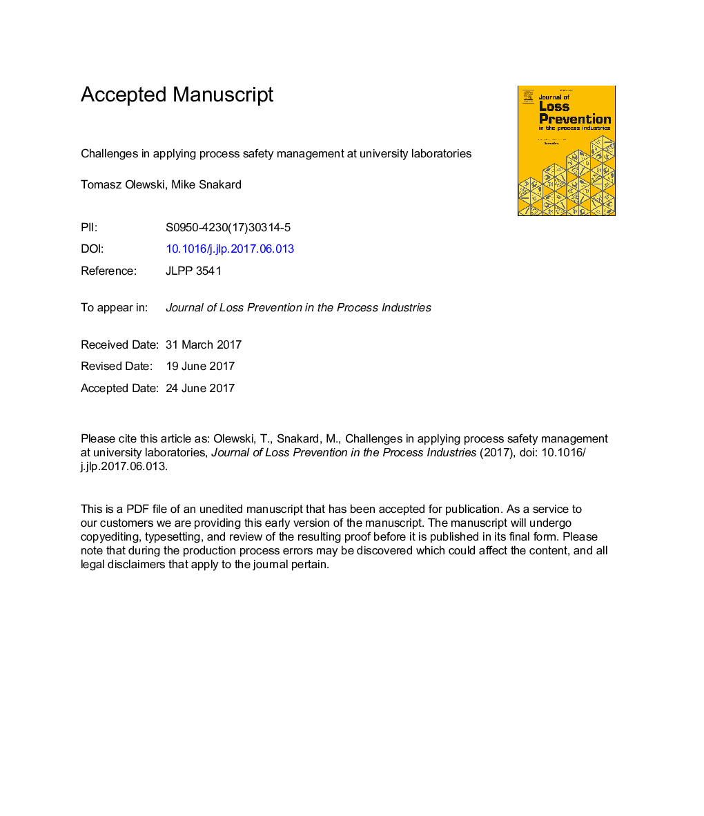 Challenges in applying process safety management at university laboratories