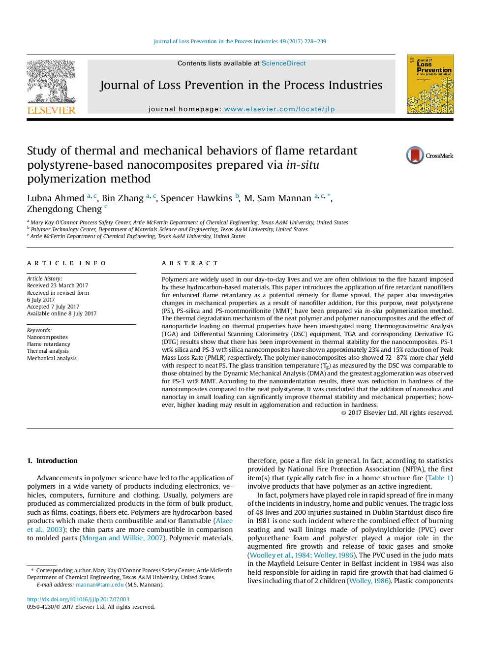 Study of thermal and mechanical behaviors of flame retardant polystyrene-based nanocomposites prepared via in-situ polymerization method