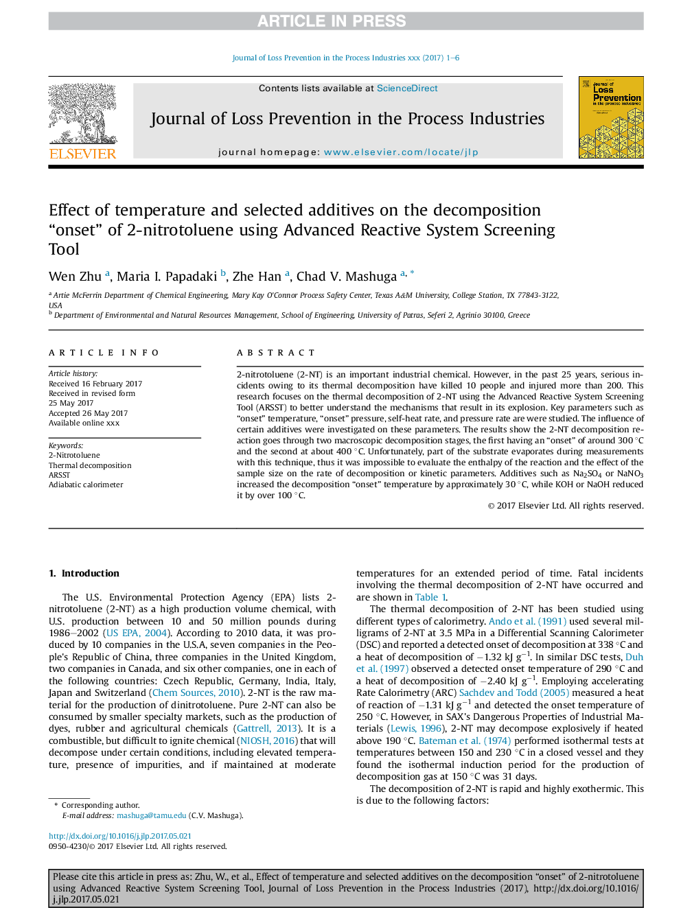 Effect of temperature and selected additives on the decomposition “onset” of 2-nitrotoluene using Advanced Reactive System Screening Tool