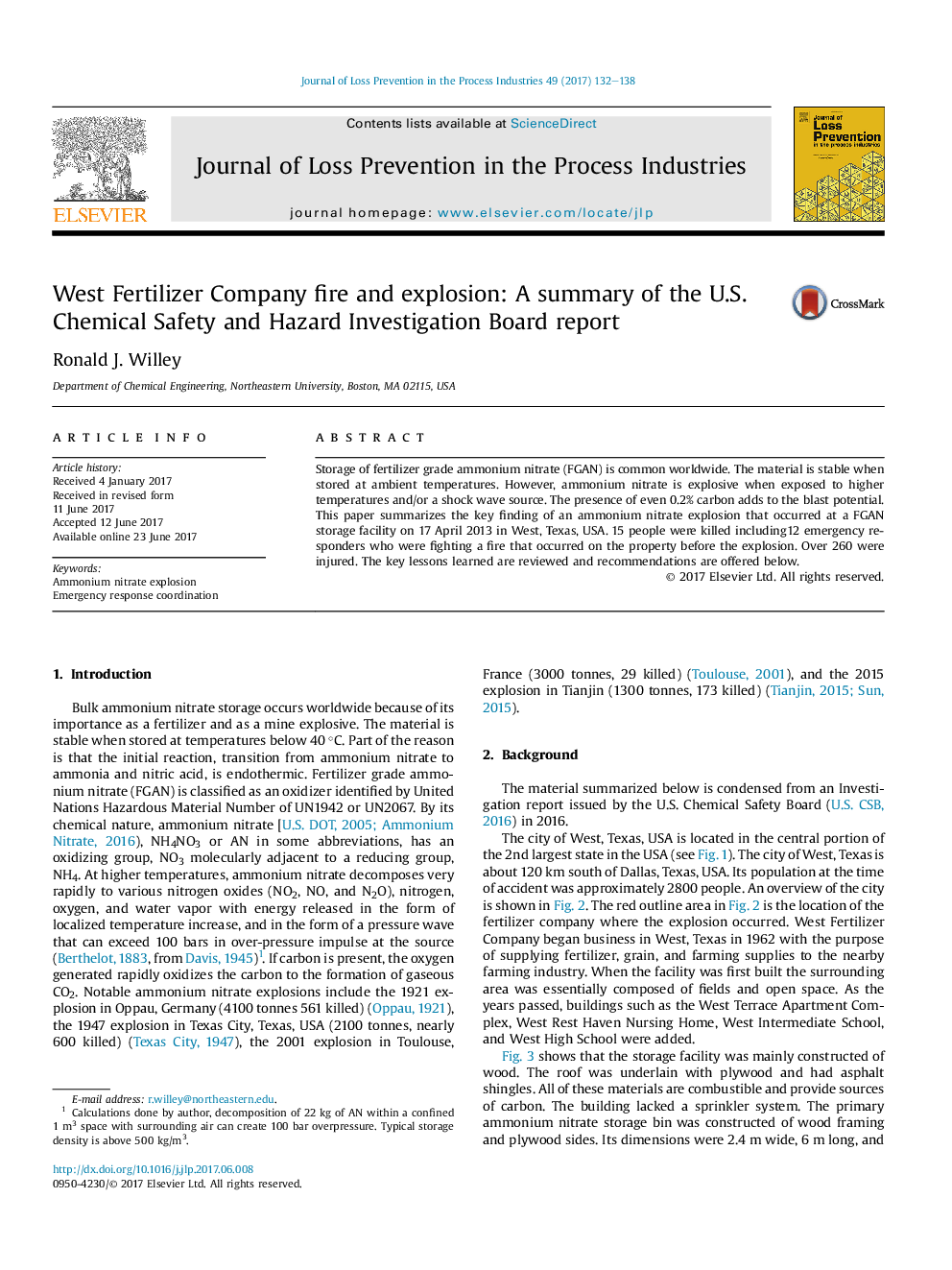 West Fertilizer Company fire and explosion: A summary of the U.S. Chemical Safety and Hazard Investigation Board report