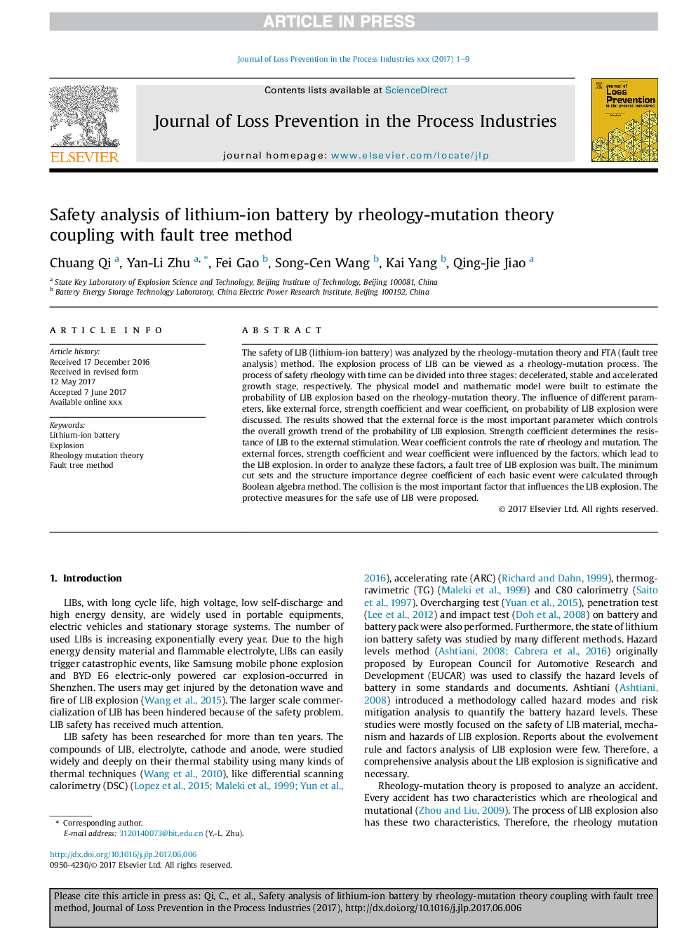 Safety analysis of lithium-ion battery by rheology-mutation theory coupling with fault tree method