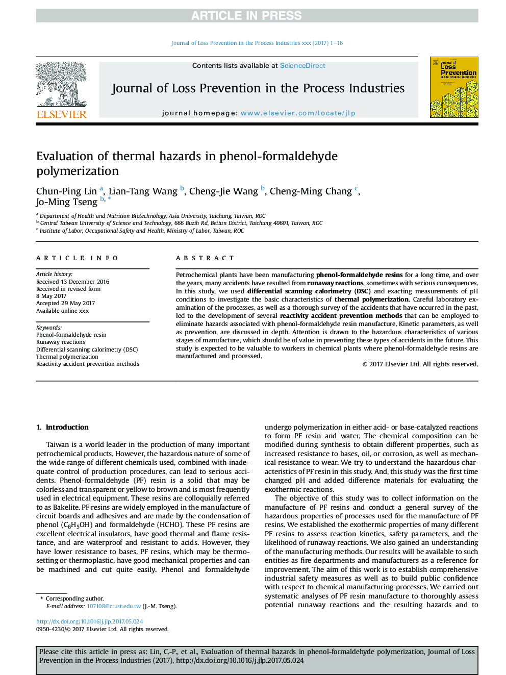 Evaluation of thermal hazards in phenol-formaldehyde polymerization