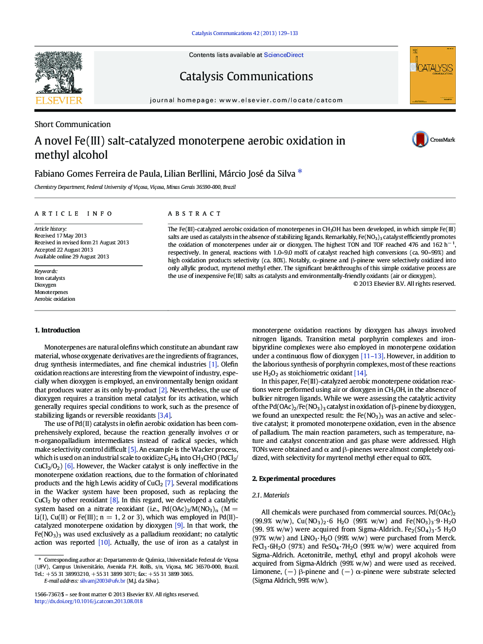 A novel Fe(III) salt-catalyzed monoterpene aerobic oxidation in methyl alcohol