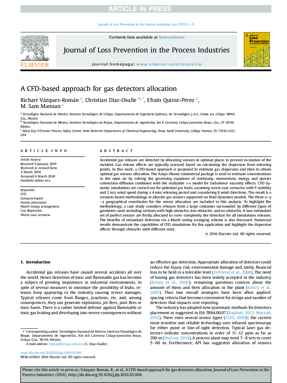 عکس صفحه اول مقاله: A CFD-based approach for gas detectors allocation A CFD-based approach for gas detectors allocation
