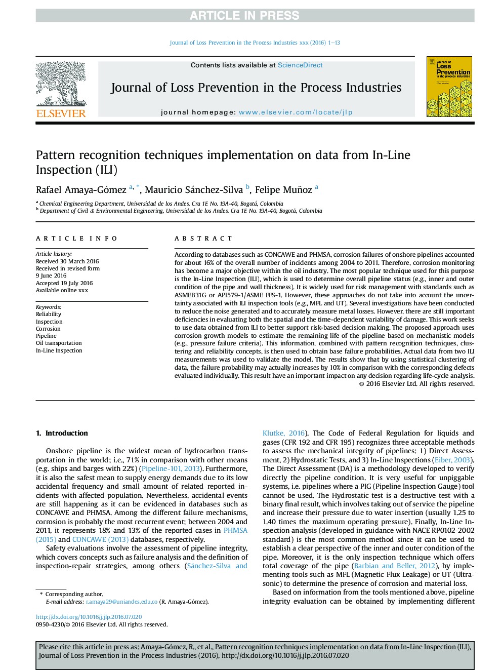 Pattern recognition techniques implementation on data from In-Line Inspection (ILI)