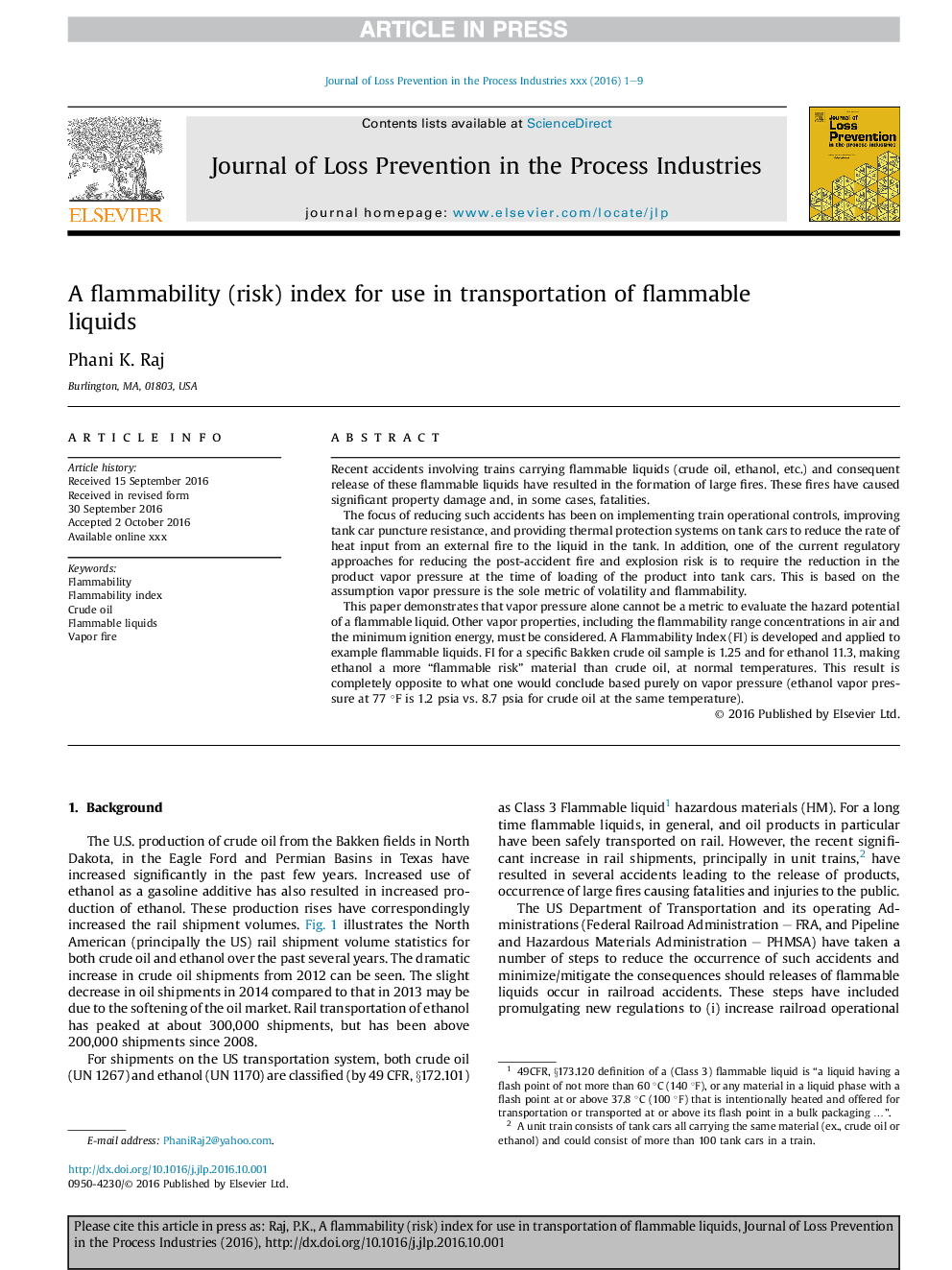 A flammability (risk) index for use in transportation of flammable liquids