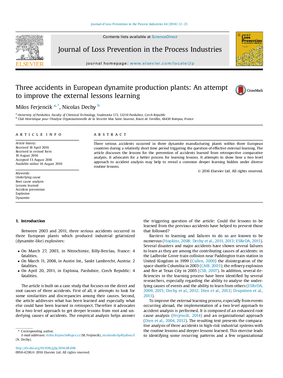 Three accidents in European dynamite production plants: An attempt to improve the external lessons learning