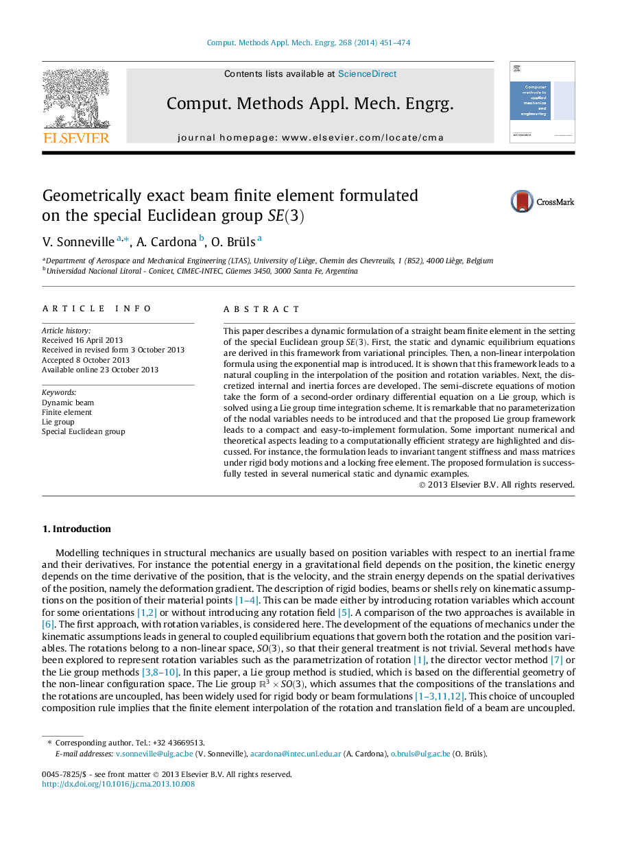 Geometrically exact beam finite element formulated on the special Euclidean group SE(3)SE(3)