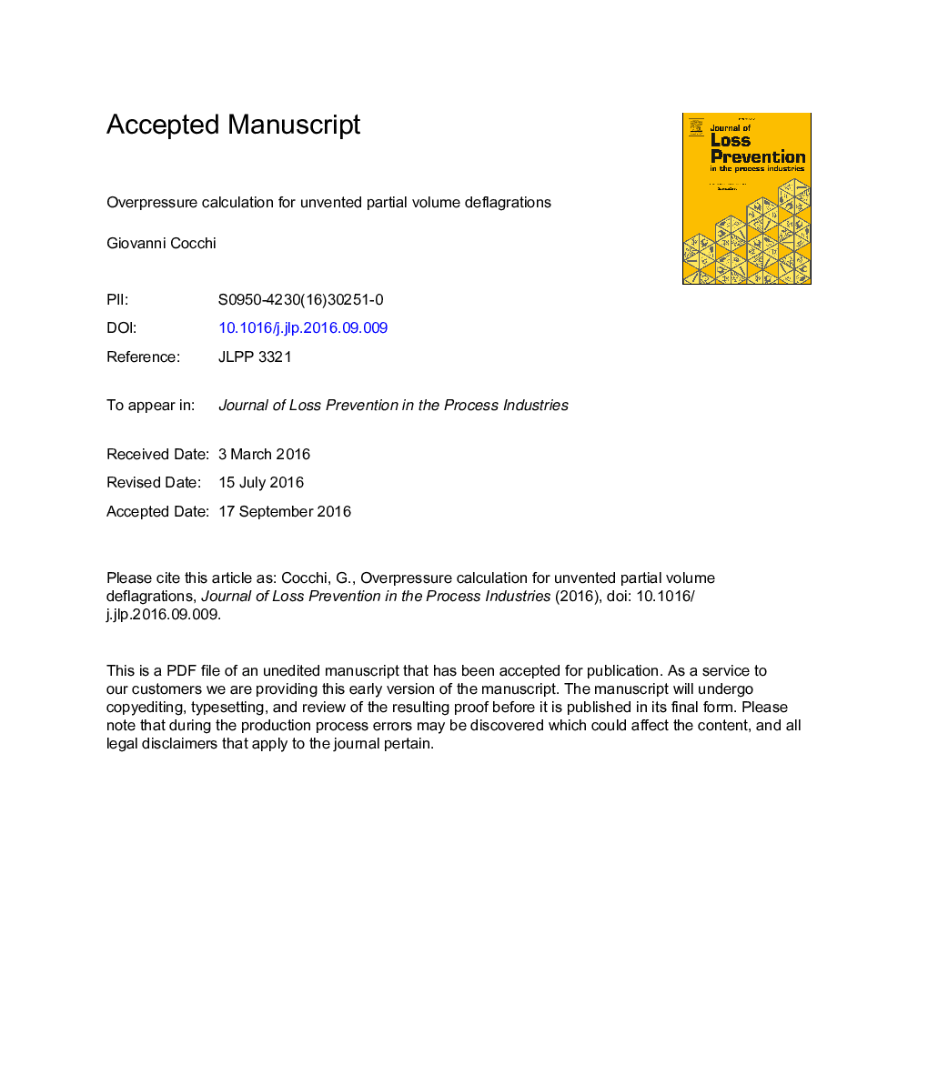 Overpressure calculation for unvented partial volume deflagrations