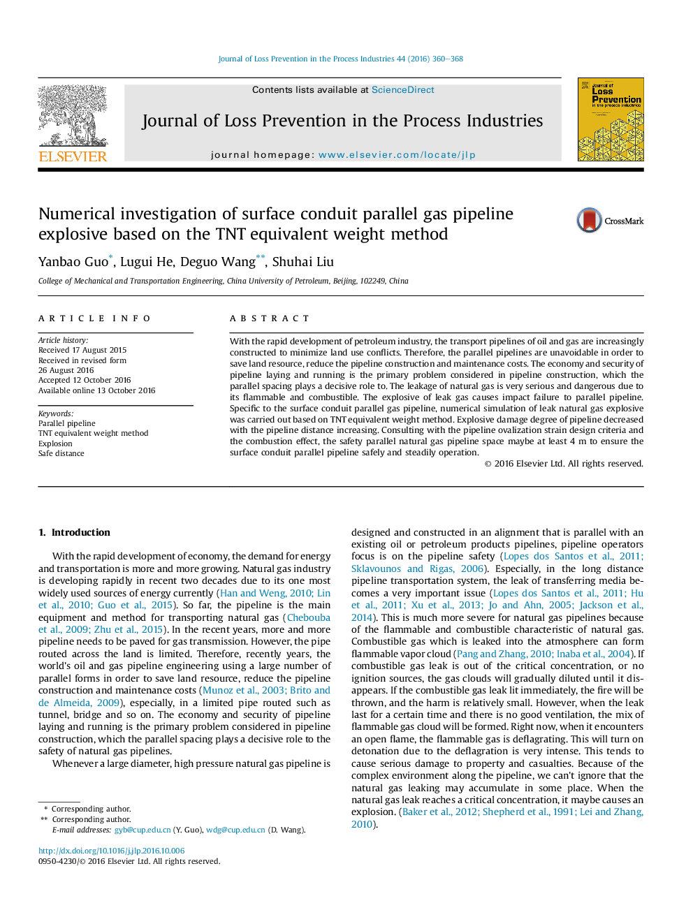 Numerical investigation of surface conduit parallel gas pipeline explosive based on the TNT equivalent weight method