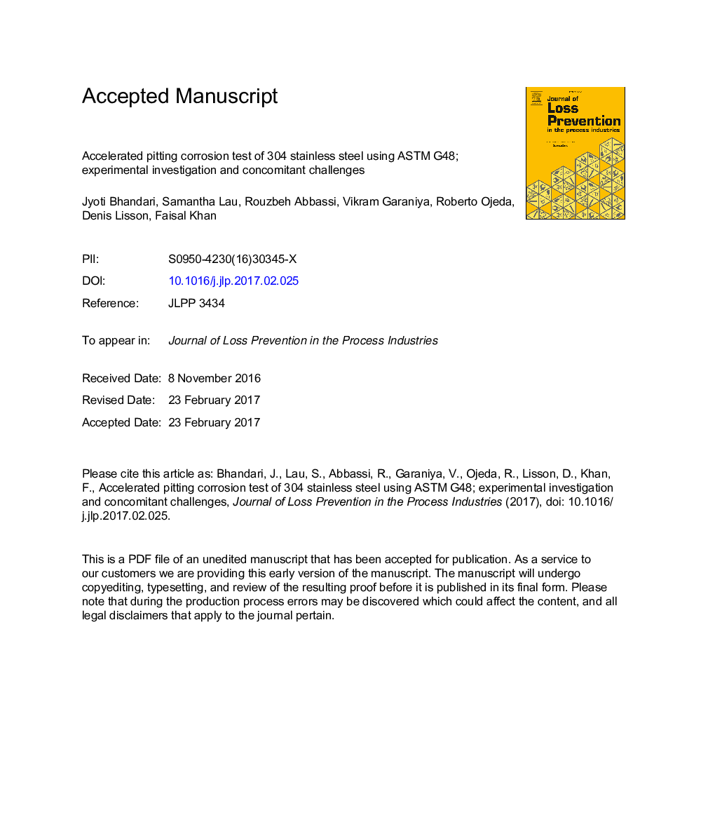 Accelerated pitting corrosion test of 304 stainless steel using ASTM G48; Experimental investigation and concomitant challenges