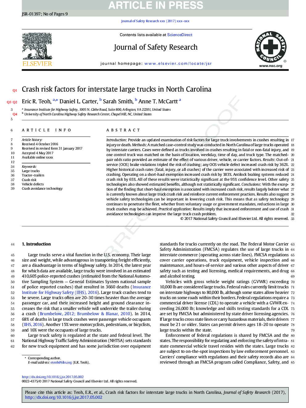 Crash risk factors for interstate large trucks in North Carolina