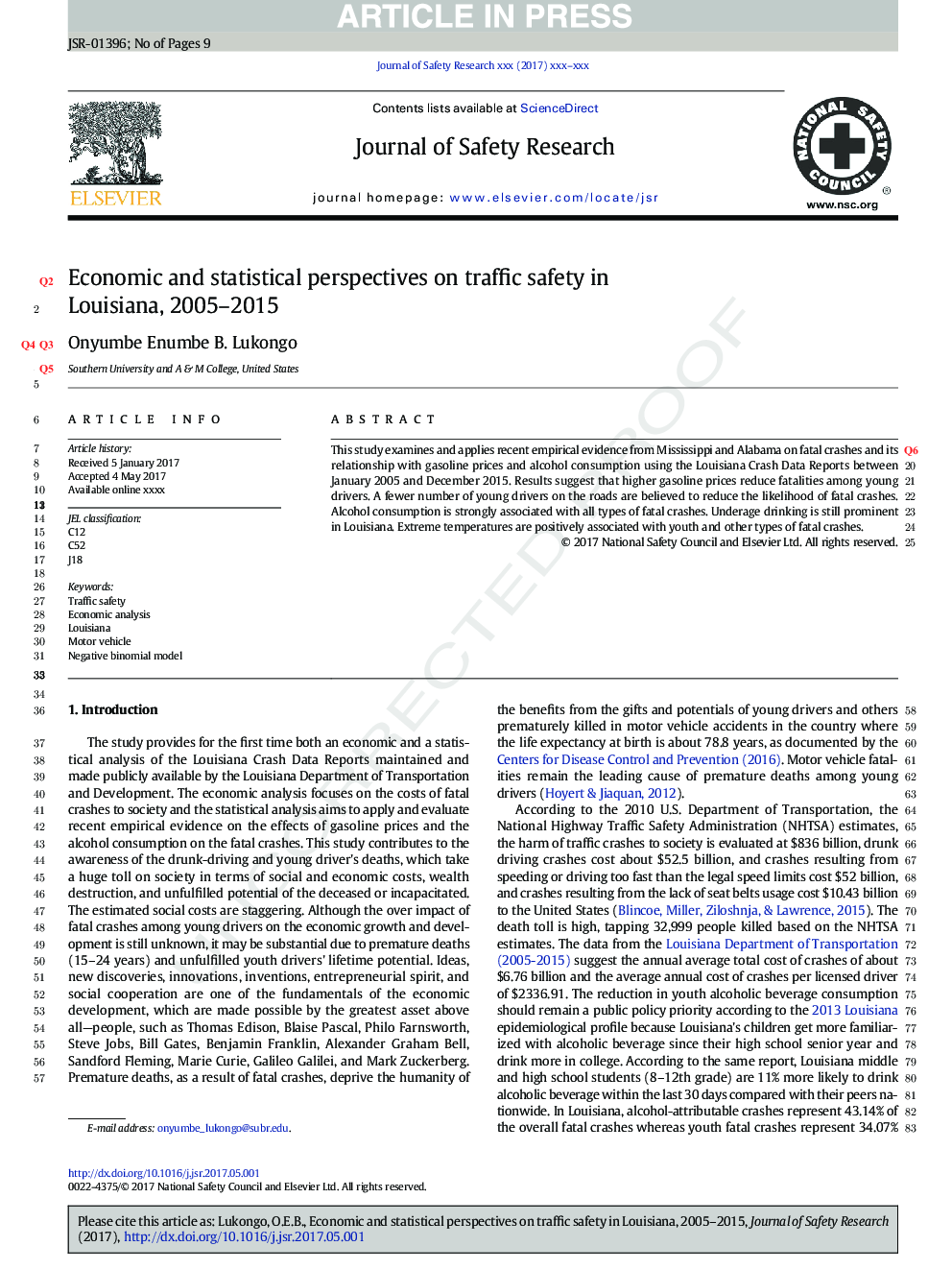 Economic and statistical perspectives on traffic safety in Louisiana, 2005-2015